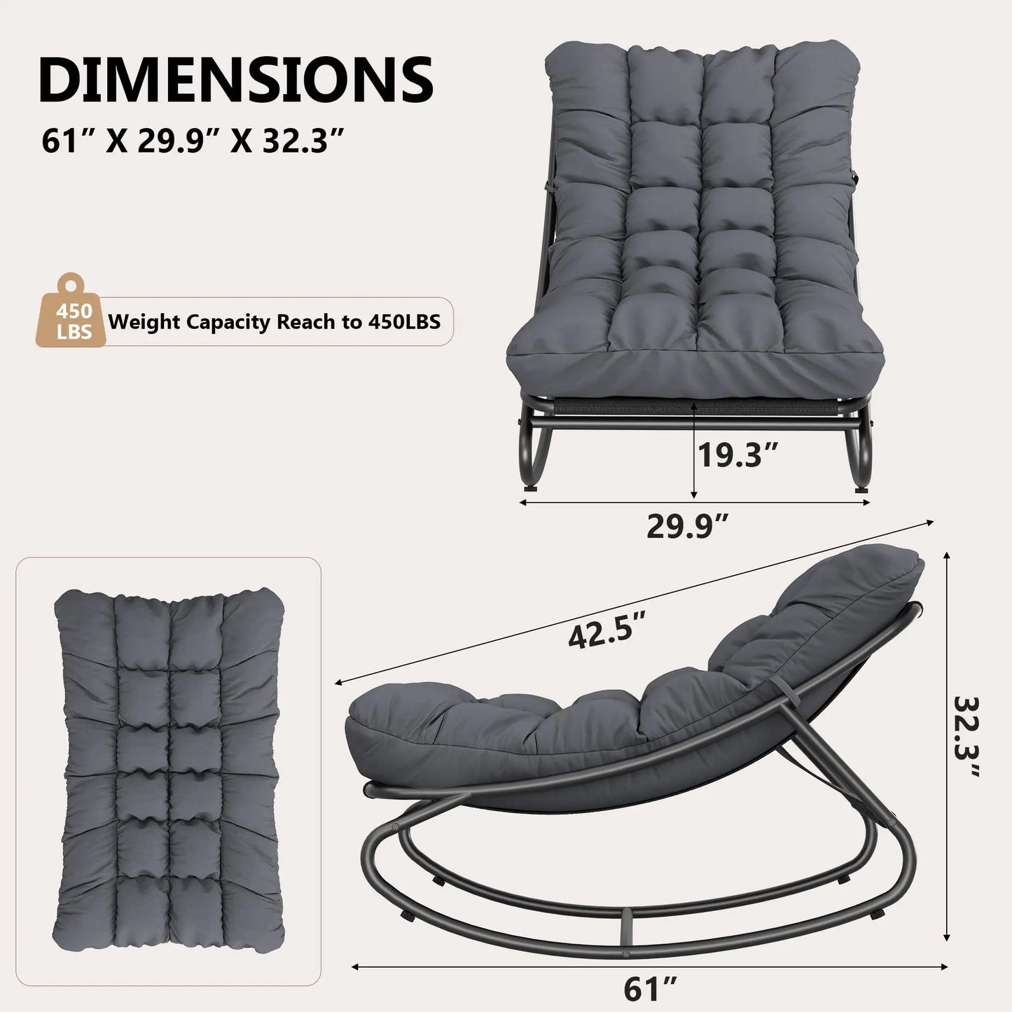 Oversized Patio Rocking Chair – Heavy Duty Metal Frame, Thick Waterproof Cushion, Ergonomic Comfy Lounge Rocker, 400 lbs Capacity, for Outdoor Porch, Garden, Balcony, Backyard