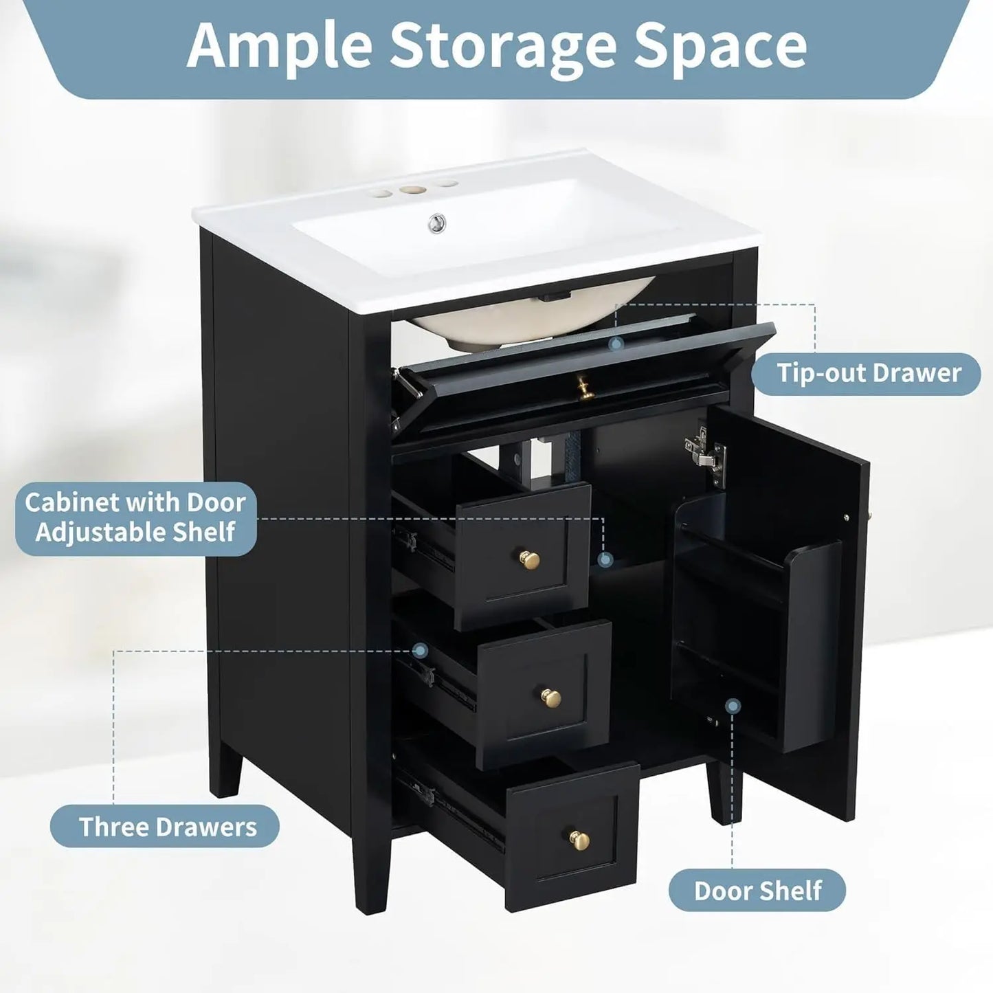 24" Bathroom Vanity with Sink Combo Set, Bathroom Cabinet with 3 Drawers and a Tip-Out Drawer, Adjustable Shelves, Soft, Custom