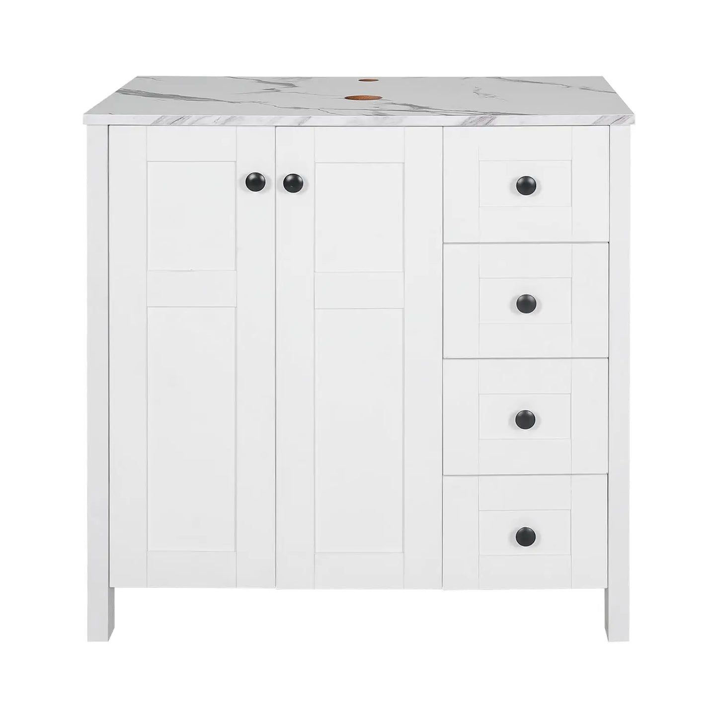 32 Inches White Bathroom Vanity with Marble Texture Top and 4 Drawers, with Marble Boat Ceramic Sink, Custom