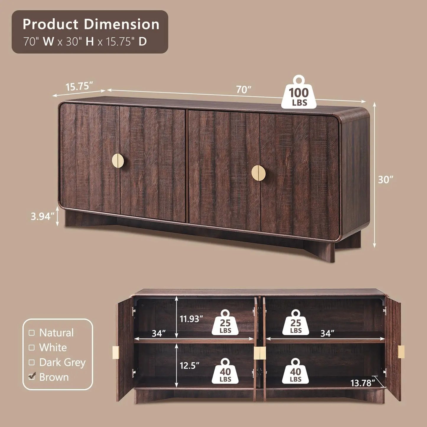 70" TV Stand Up to 80" TV, Storage & Adjustable Shelves Curved Console Living Room Brown, Custom