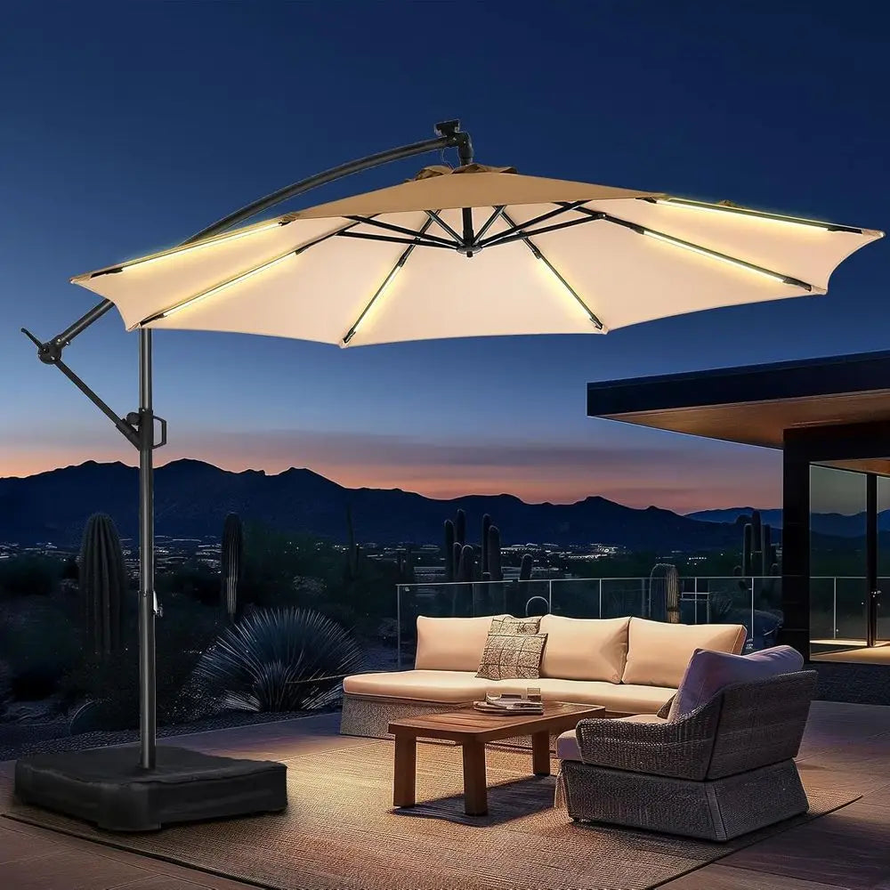 HOMSHADE 10 t Oset Patio Umbrella with r Lights, LED Lighted Umbrella Outdoor Patio with Base Included, Heavy Duty Hanging Canti