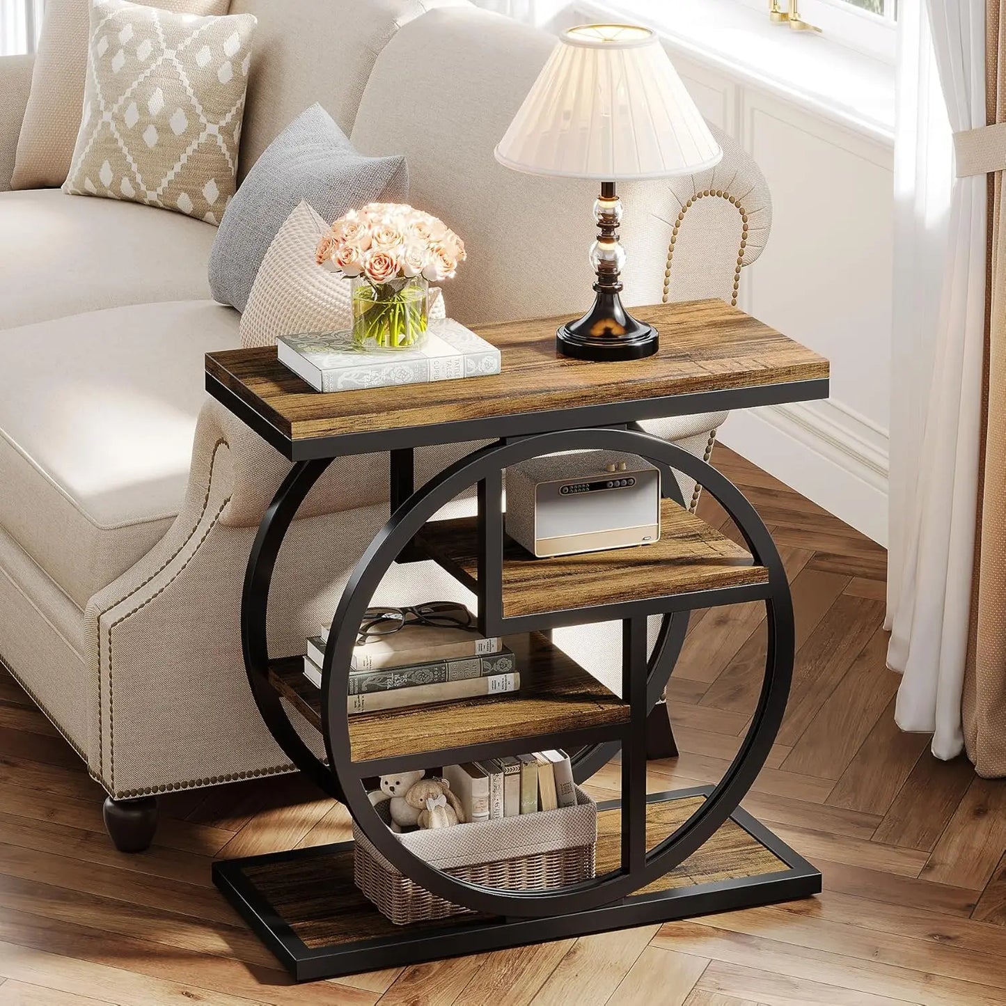 End Table Set of 2, 4-Tier Narrow Side Table with Storage Shelves, Wood Small Sofa Side Table with Geometric Metal, Customized