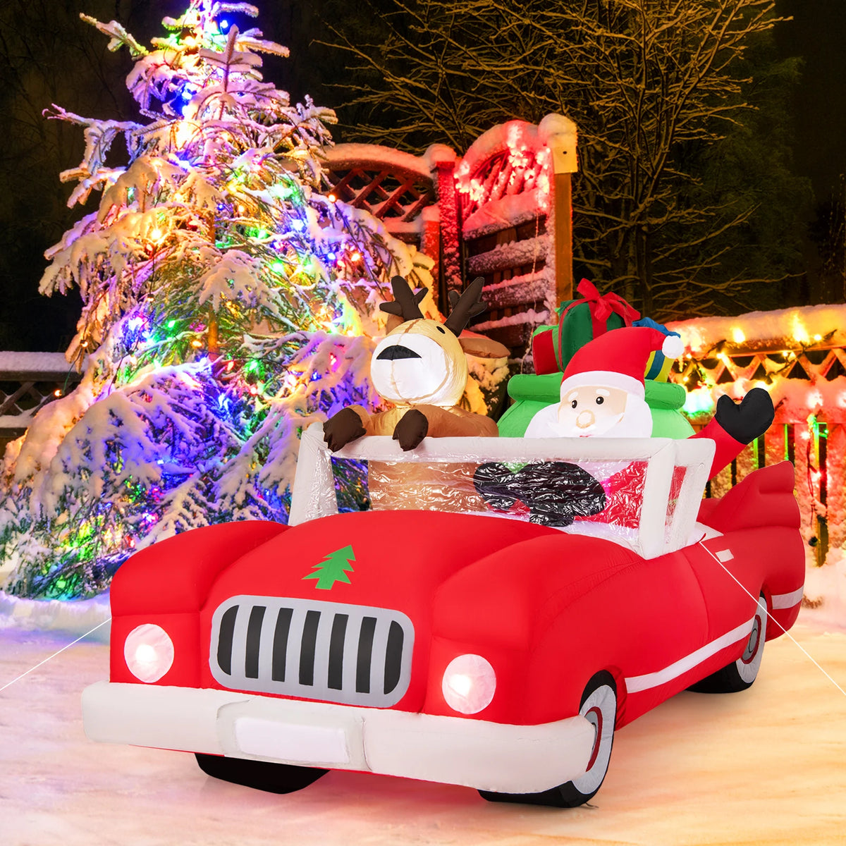LIFEZEAL Lighted Christmas Inflatable Santa And Reindeer Driving Red Car
