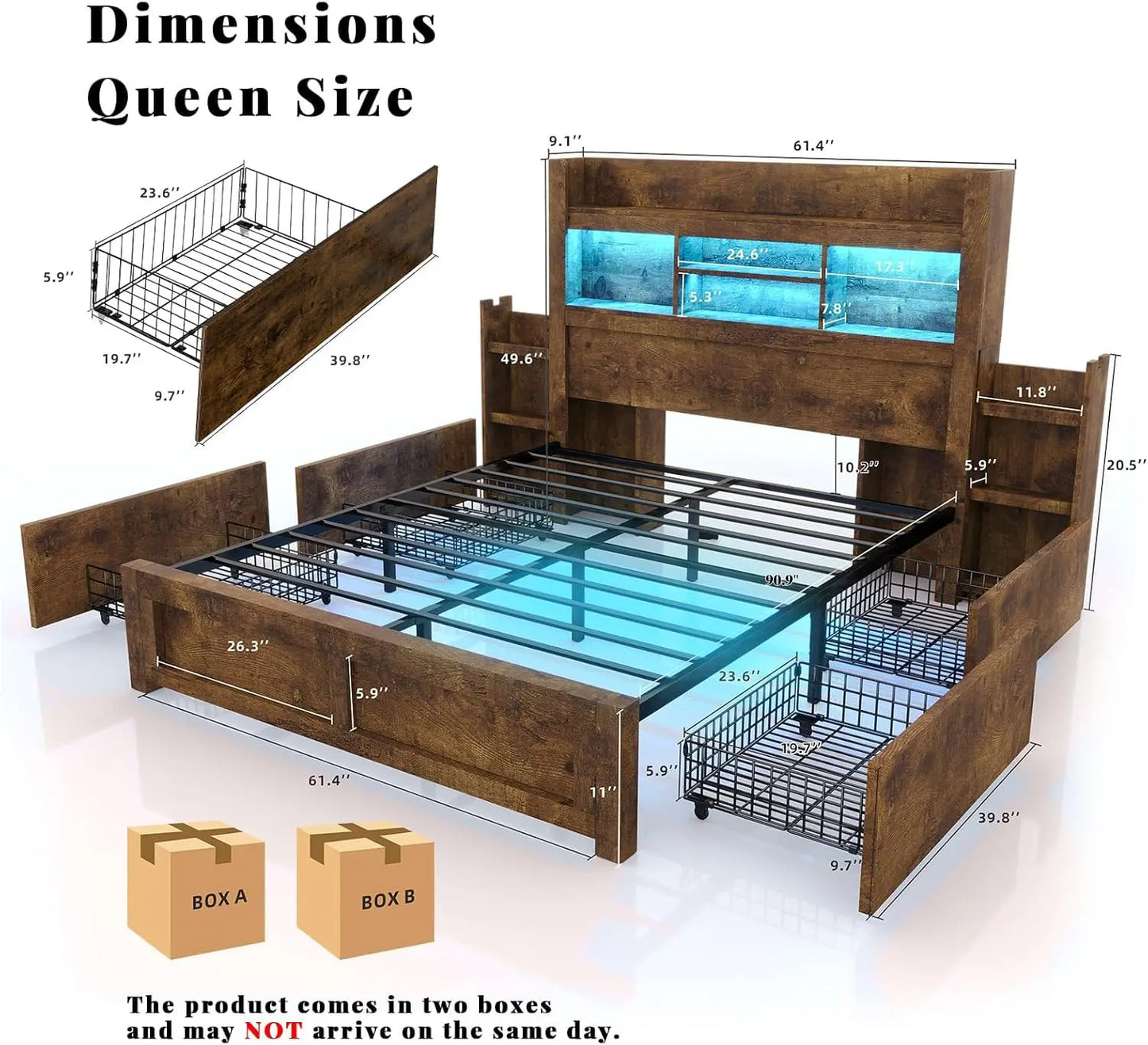 Queen Bed Frame with 49.6" Bookcase Headboard & 2 Detachable Bedside Stoage Racks & 4 Drawers, Farmhouse Wood Bed Frame, Custom