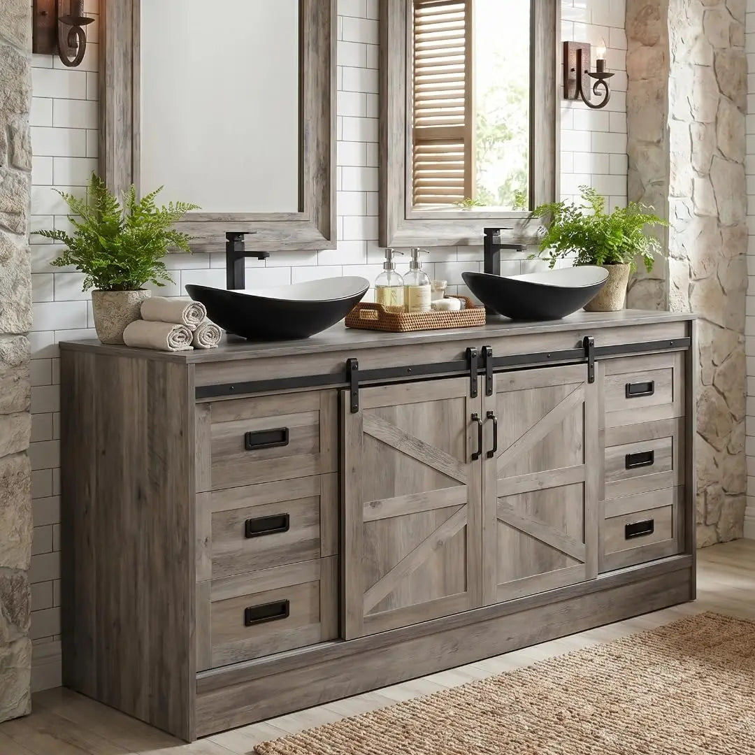 60" Barn Door Bathroom Vanity with 6 Drawers and Two Doors, Farmhouse Style Standing Pedestal Cabinet with Two Blue, Custom