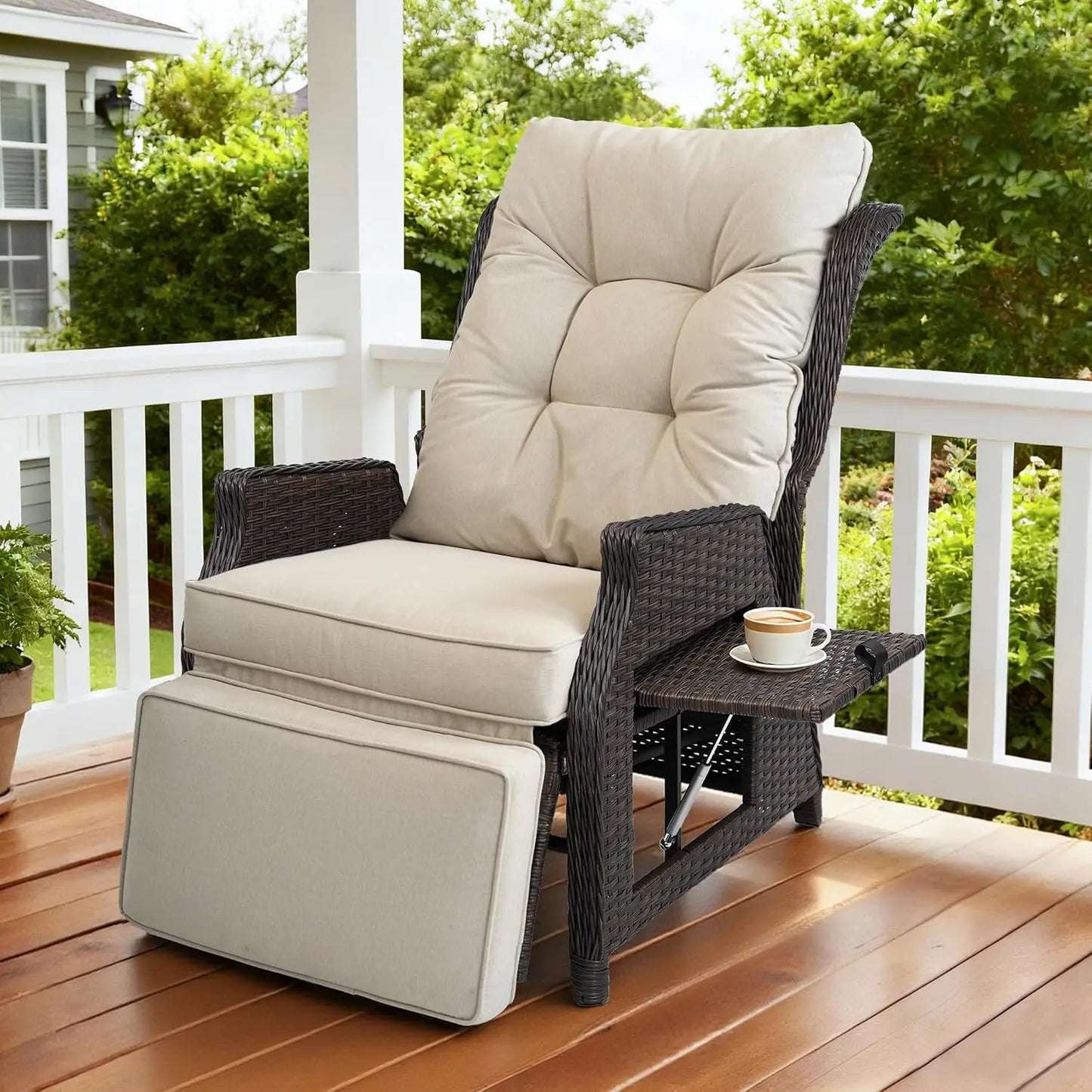 Outdoor Indoor Wicker Recliner with Adjustable Back and Footrest, Patio Reclining Chair with Flip-up Table, Outdoor, Custom