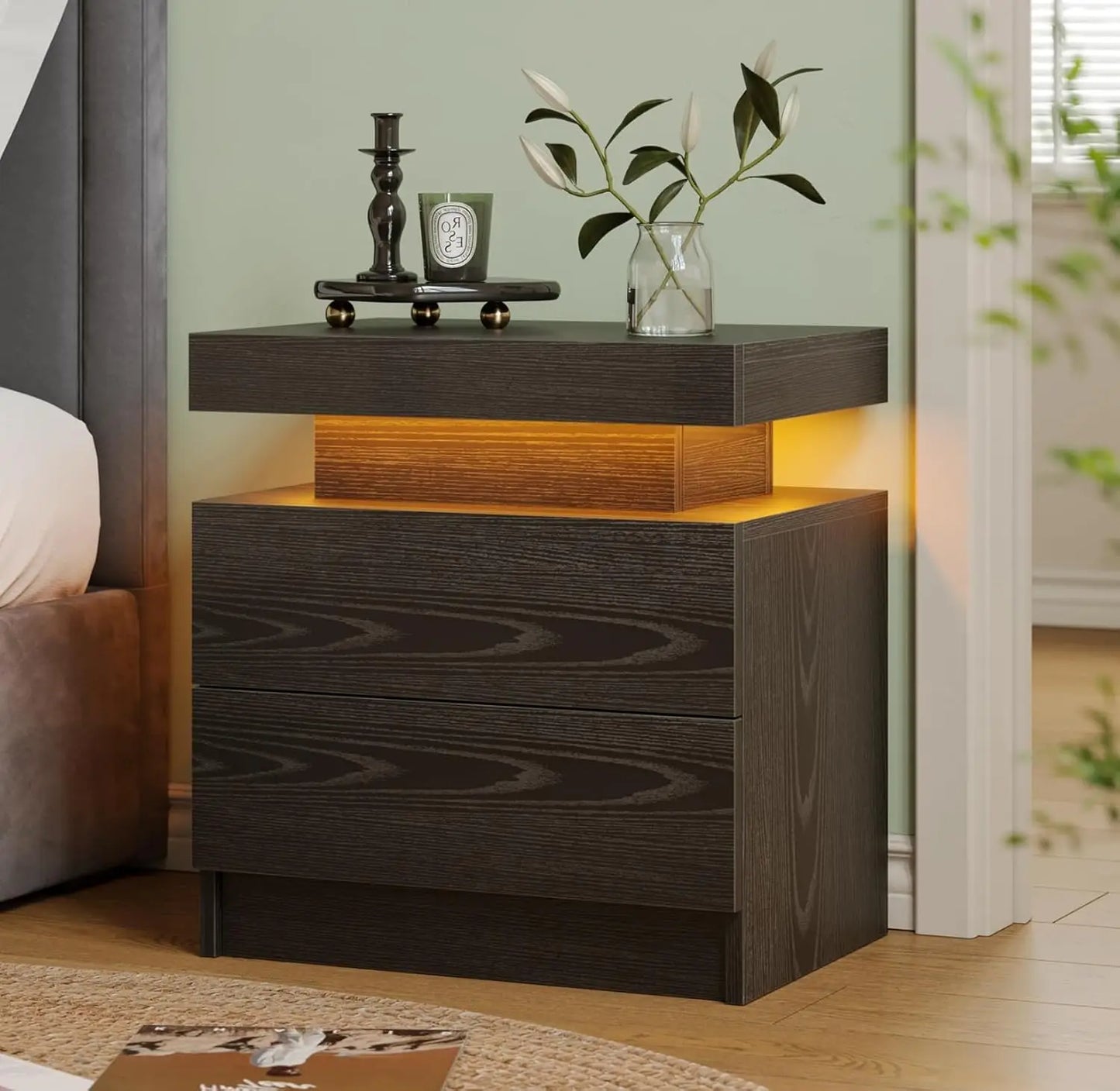 White LED Nightstand With Two Wood Drawers Bedside Table