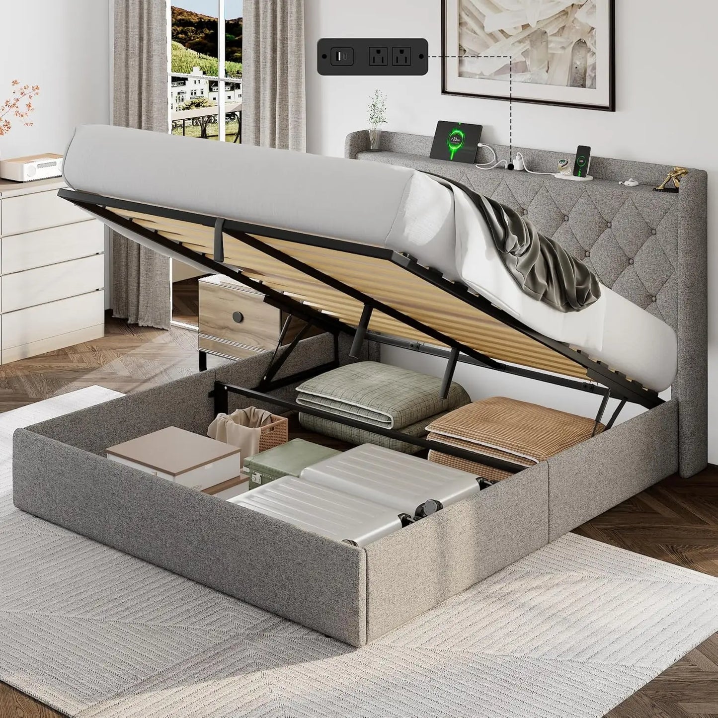 Queen Lift Up Storage Bed Frame with Headboard, Upholstered Bed Frame with Charging Station, No Box Spring Needed,, Custom
