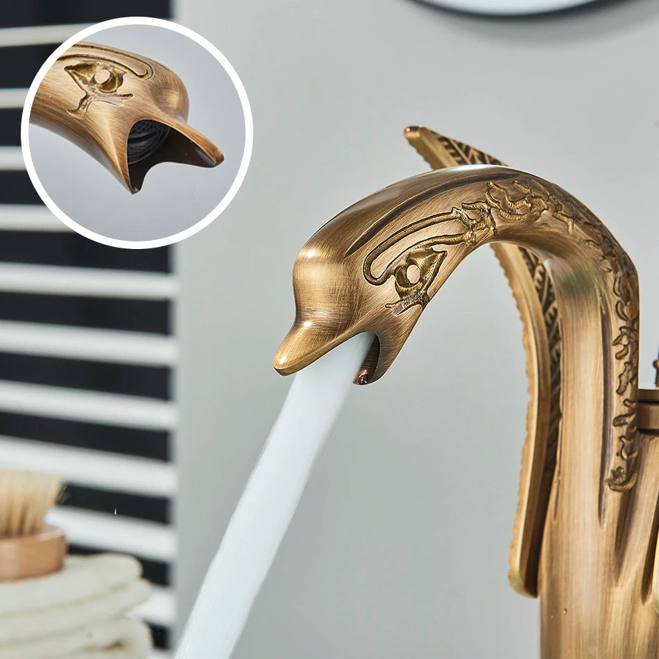 Uythner Luxury Swan Bath Basin Brass Faucet Cold and Hot Water Mixer Taps Black /Gold/Antique Bathroom Washbasin Crane