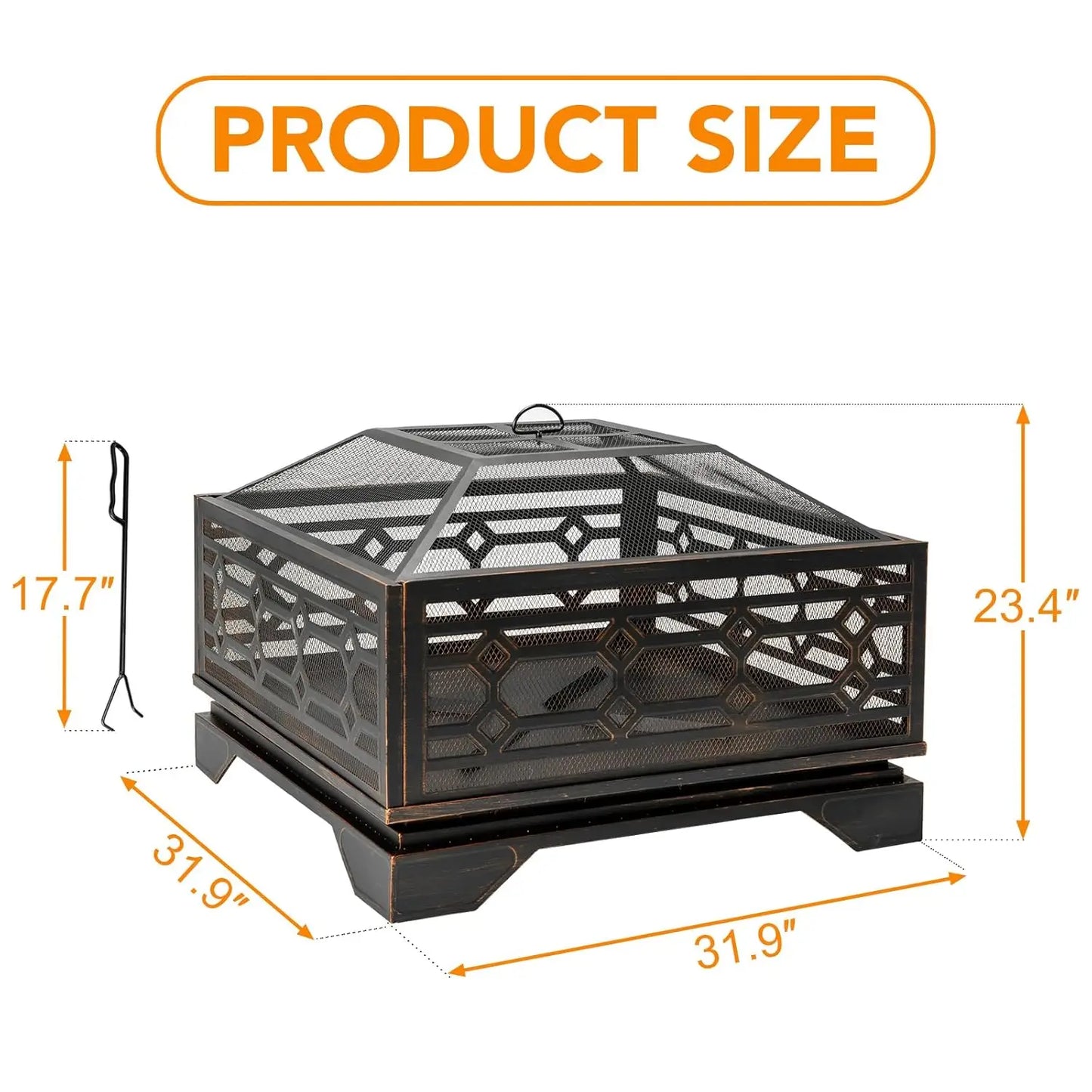 Wood Burning Outdoor Fire Pit Square Metal With Mesh Cover