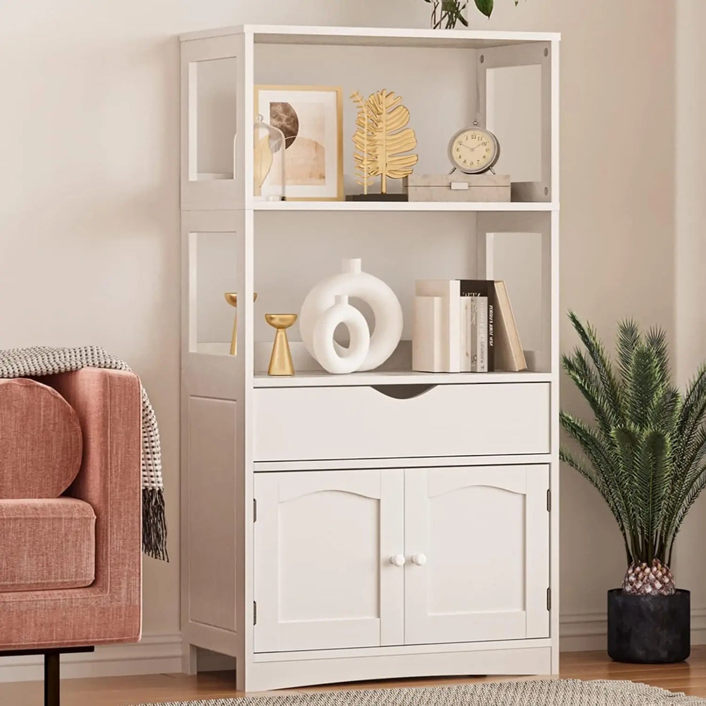 XMSJ Freestanding Kitchen Pantry Cabinet With Microwave Space And Drawer