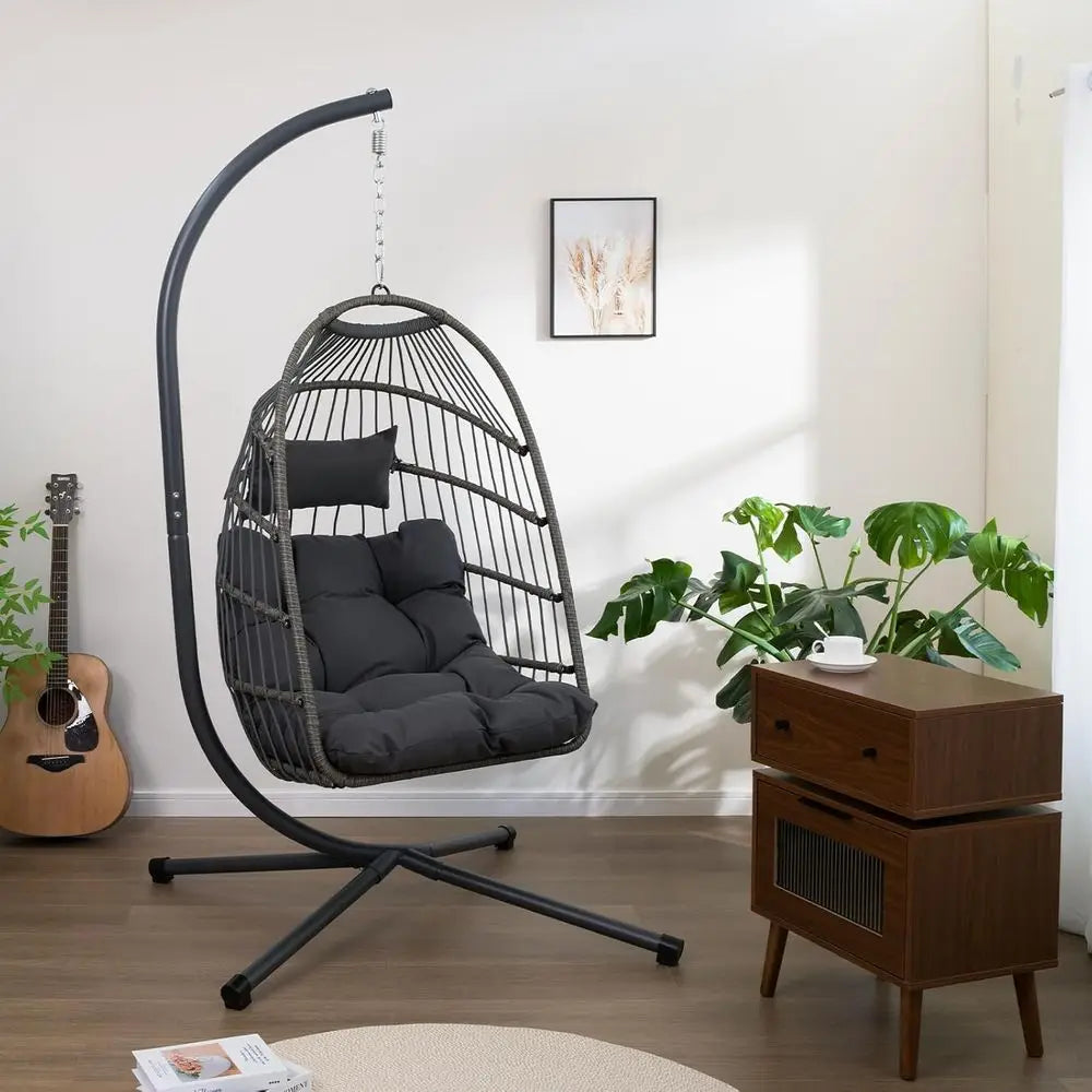 Outdoor Egg Hanging Chair with Stand, Patio Wicker Swing Egg Chair Indoor Outdoor Hammock Chair, 350 lbs acity, Black Gray