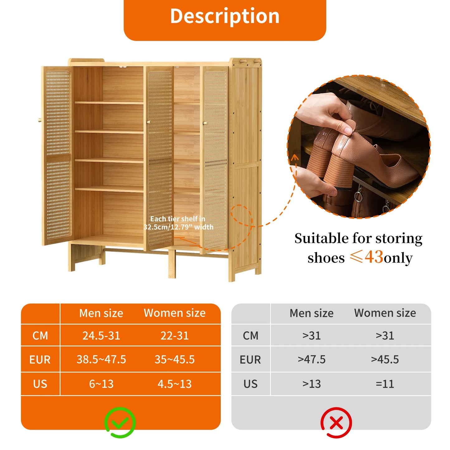 Bamboo Shoe Cabinet Organizer With 3 Doors And 6 Tiers