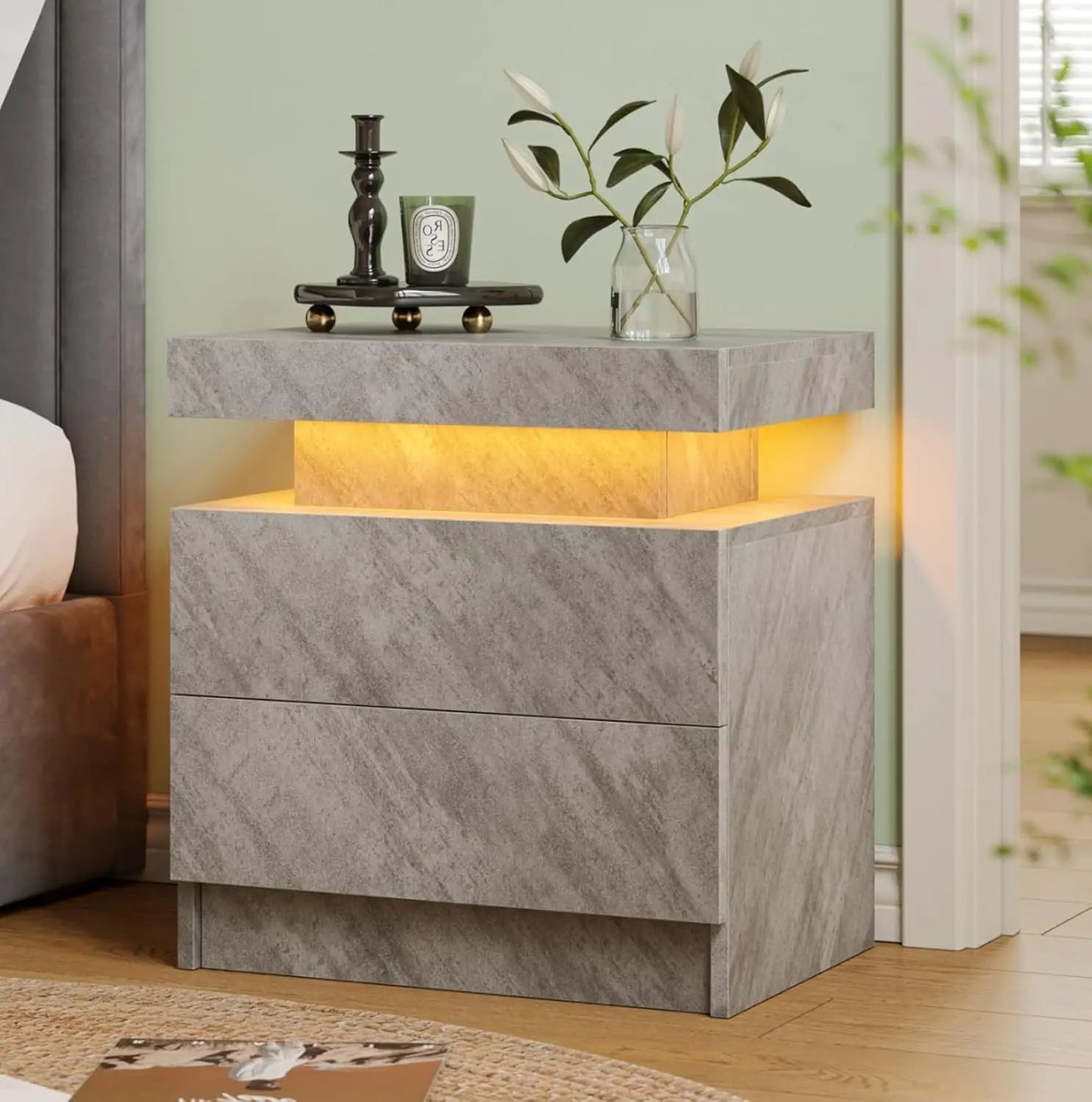 White LED Nightstand With Two Wood Drawers Bedside Table