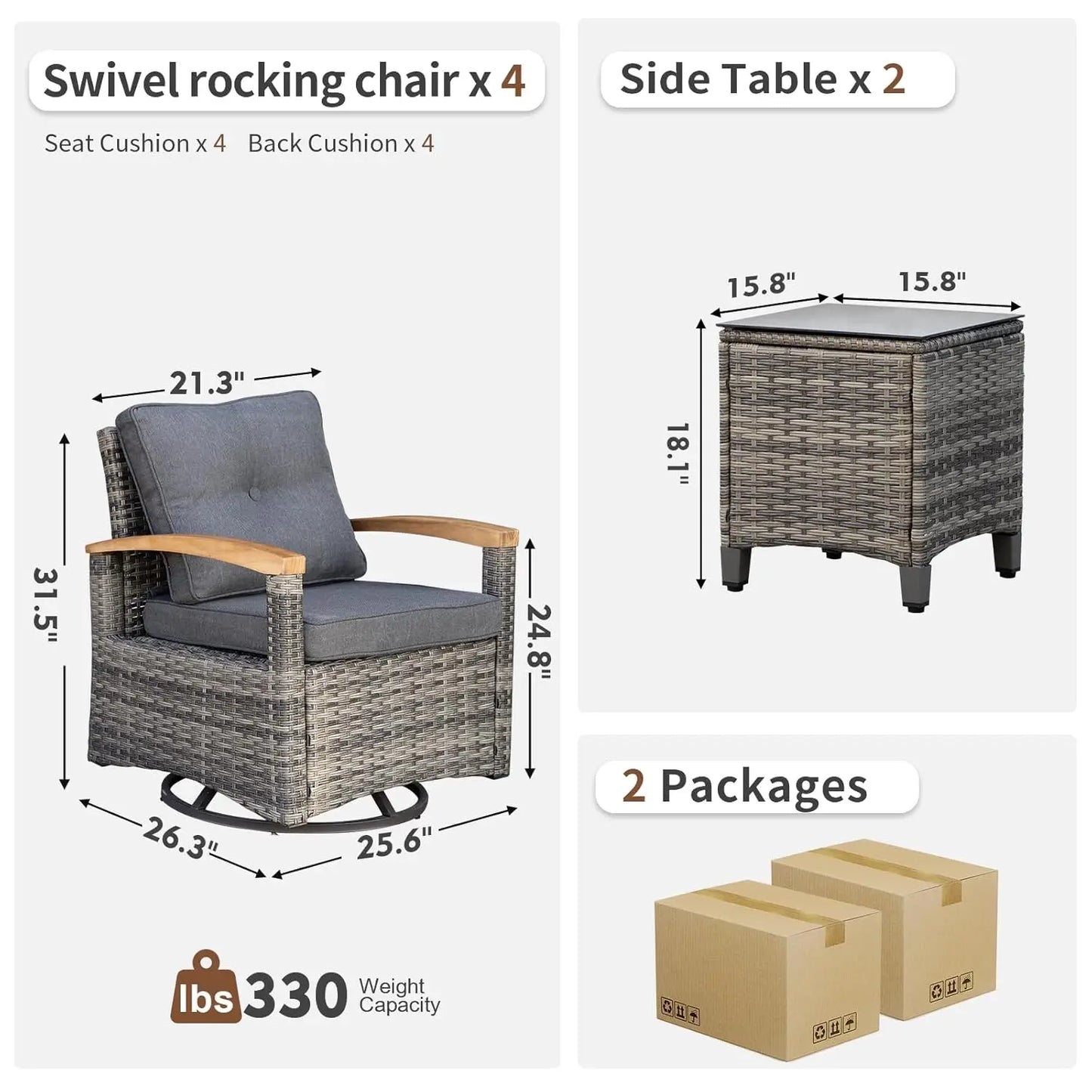 6 Pieces Patio Furniture Sets, Wicker Patio Conversation Sets with 4 Wood Armrests Swivel Glide Chairs，Outdoor, Custom