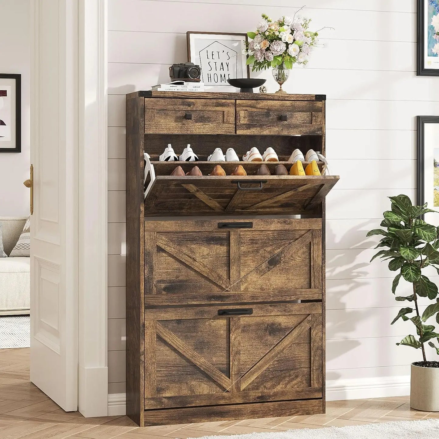 Shoe Cabinet with 3 Flip Drawers & 2 Drawers,Freestanding Shoe Storage Cabinet for Entryway,Farmhouse Narrow Slim, Custom