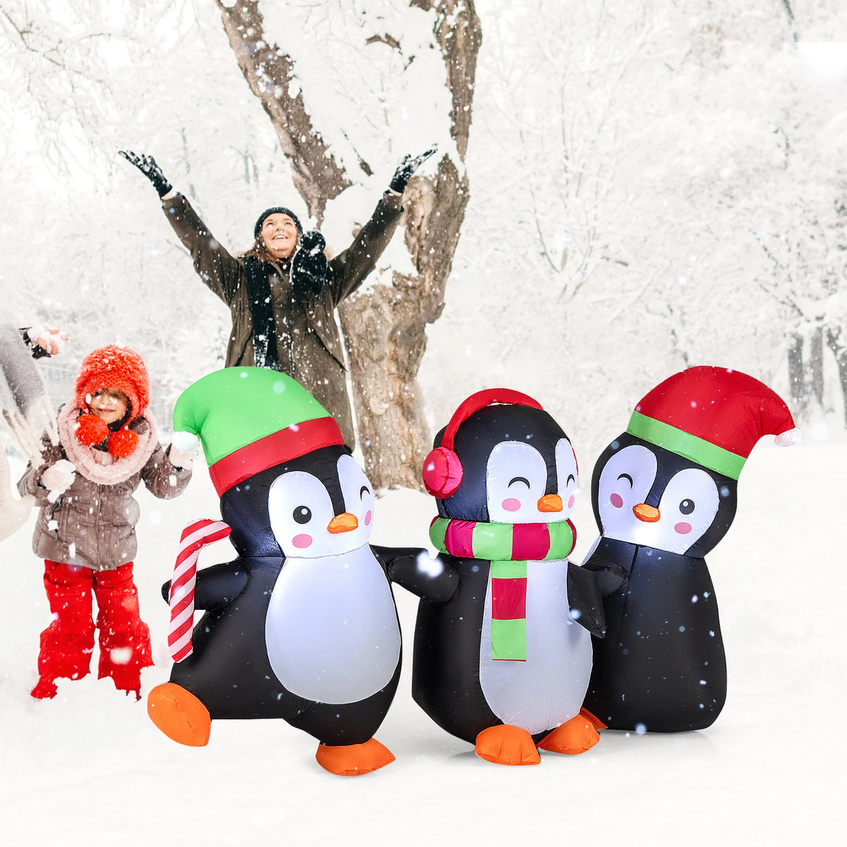 LIFEZEAL Christmas Inflatable Penguin Family With Built In LED Lights