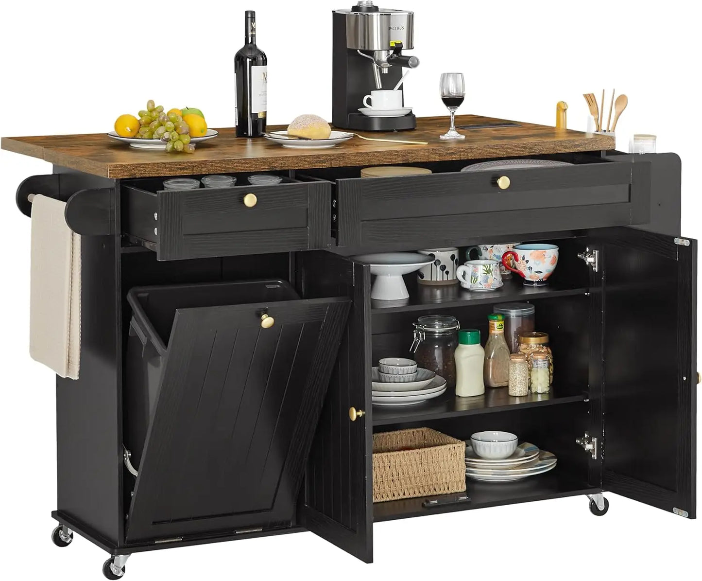 ONBRILL Mobile Kitchen Island with Power Outlet and Drop Leaf
