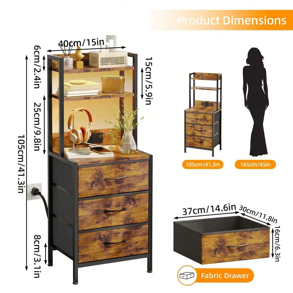Tomnk 41 Inch Tall End Table With Charging Station & Light, 3-Drawer Fabric Nightstand With & Outlet, Multi-Level Bedsid