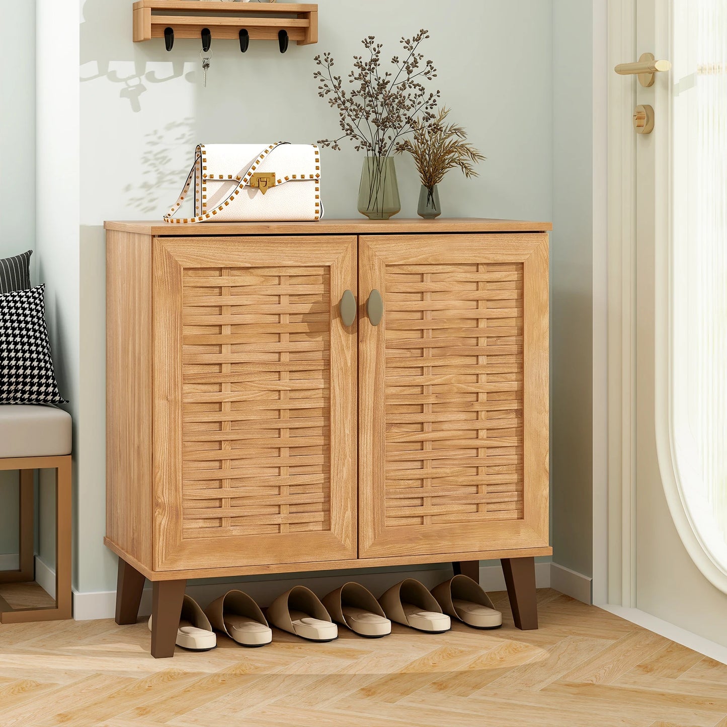2-Door Shoe Cabinet w/ Ventilated Woven Doors & 3 Removable Shelves for Entryway