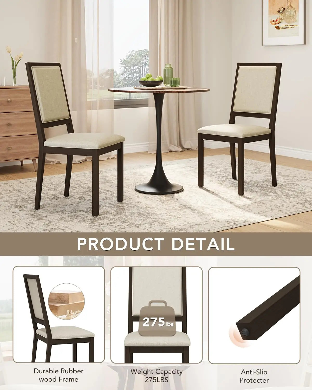 Fabric Upholstered Dining Chairs Set of 4 With Solid Wood