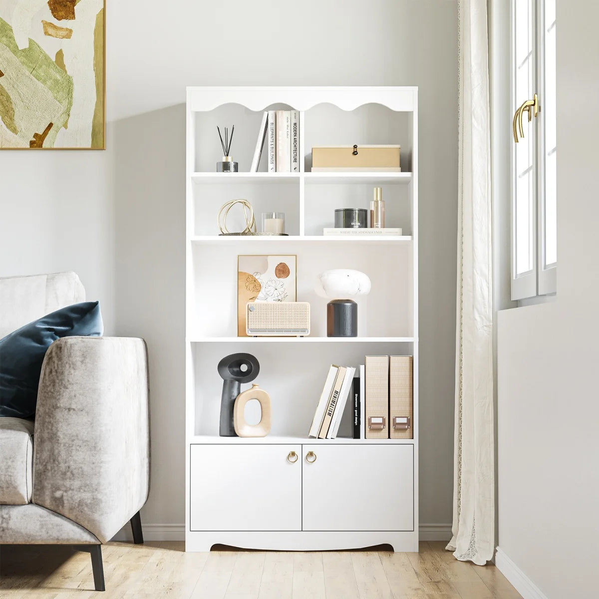 5-Tier Open Bookcase Tall Modern Bookshelf  Wood Display Floor Bookshelf Storage Organizer Shelf for Bedroom Living Room Office