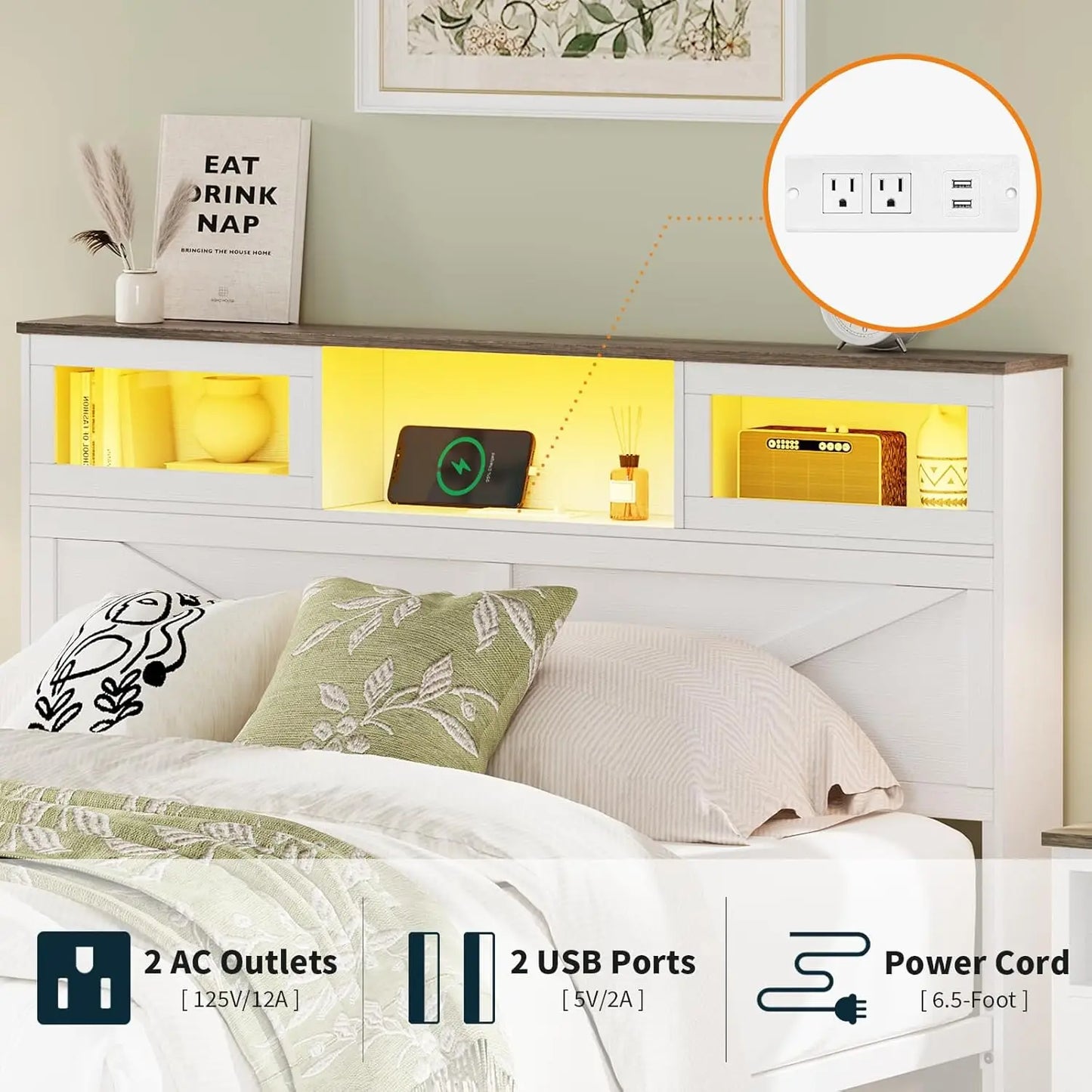 Full Size Bed Frame with Headboard, Full Bed Frame with Charging Station, LED Beds with 2 Storage Drawers, Wood Farmhouse Bedfra