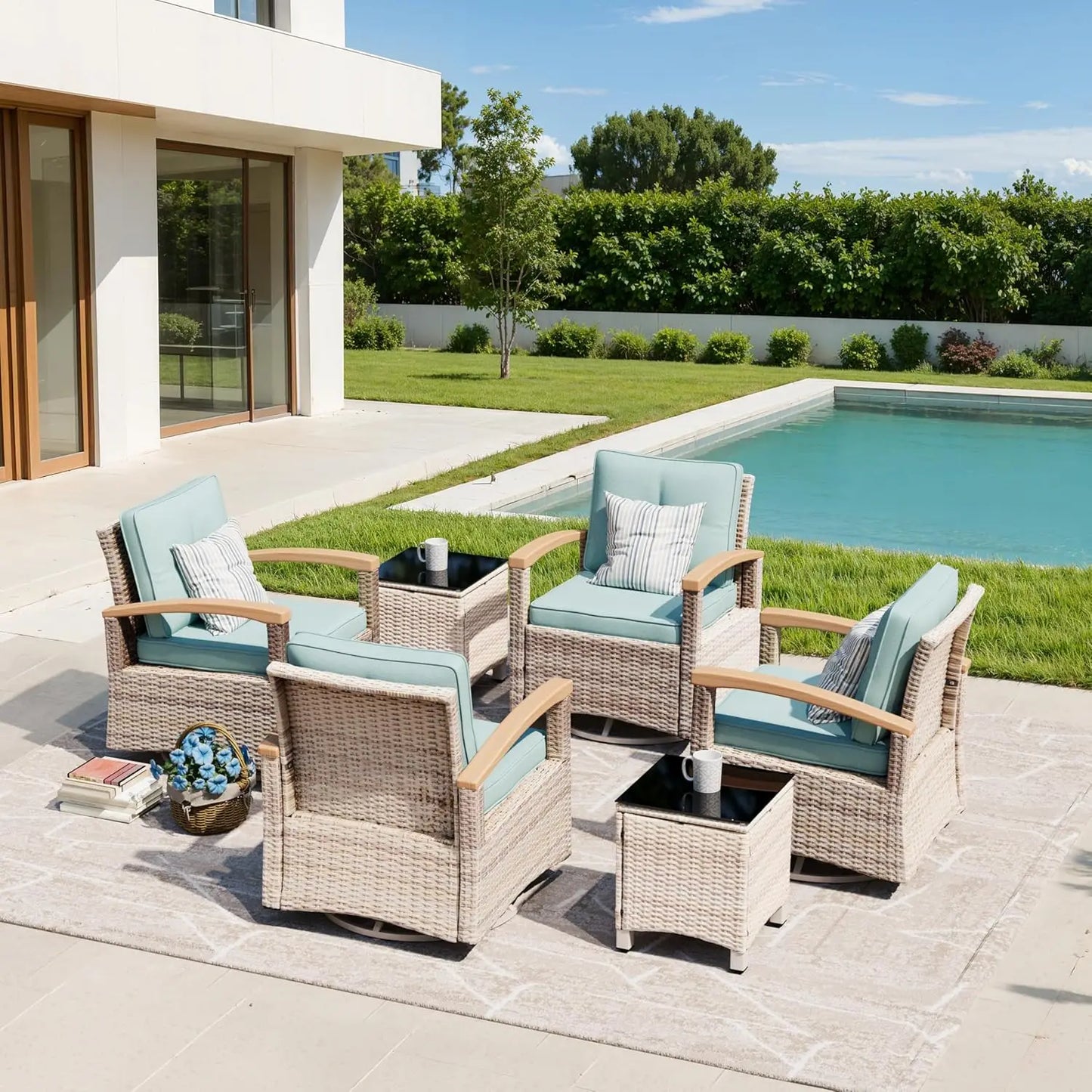 6 Pieces Patio Furniture Sets, Wicker Patio Conversation Sets with 4 Wood Armrests Swivel Glide Chairs，Outdoor, Custom