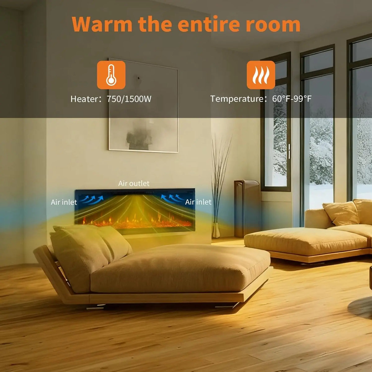 Electric Fireplace with Adjustable Flame Color, Linear Fireplace Heater w/ Remote Control with Timer and Touch Screen, 750/1500W