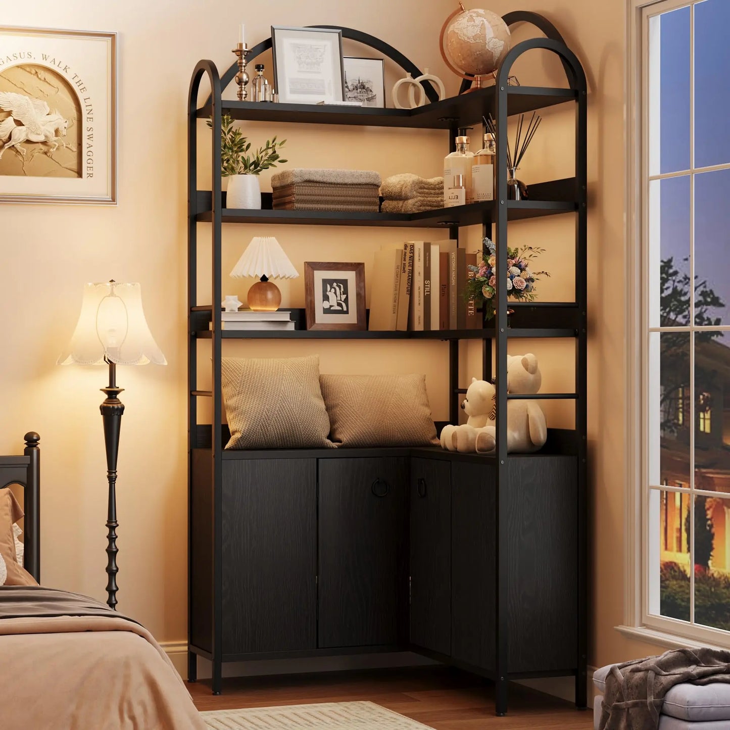 74" Tall 6-Tier Arched Corner Bookshelf - L-Shaped Corner Bookcase with Cabinet Doors - Rustic Metal & Wood Corner Storage Shelf Unit for Home Office/Living Room