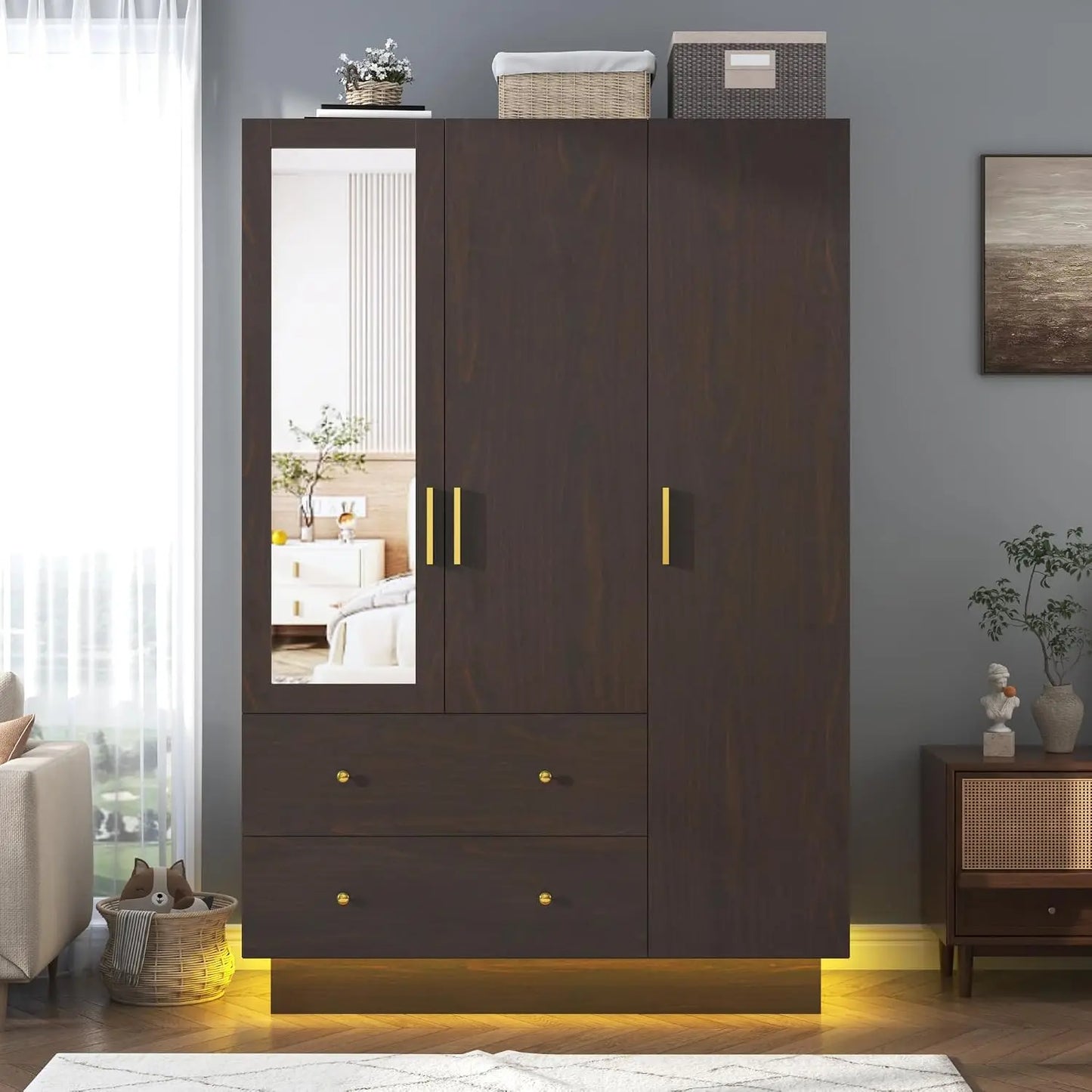 3 Doors Armoire Wardrobe Closet with Mirror, LED Armoire with Doors and Drawers, Wooden Wardrobe Storage Cabinet with, Custom