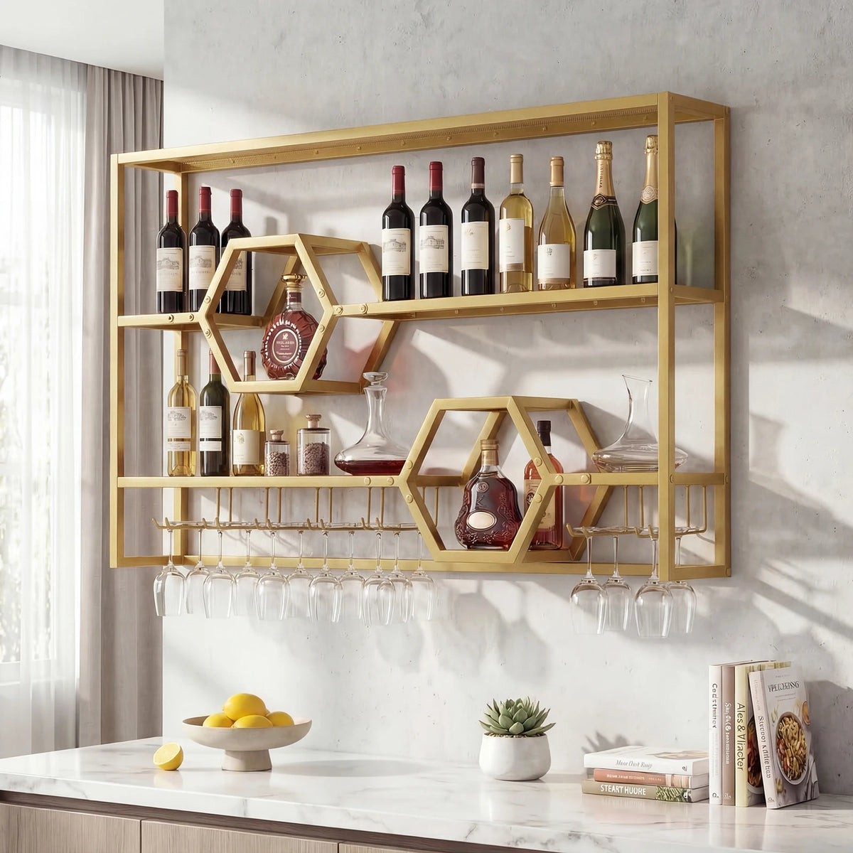 HOMASIS Wall Mounted Wine Rack With Glass Holder Bar Shelf