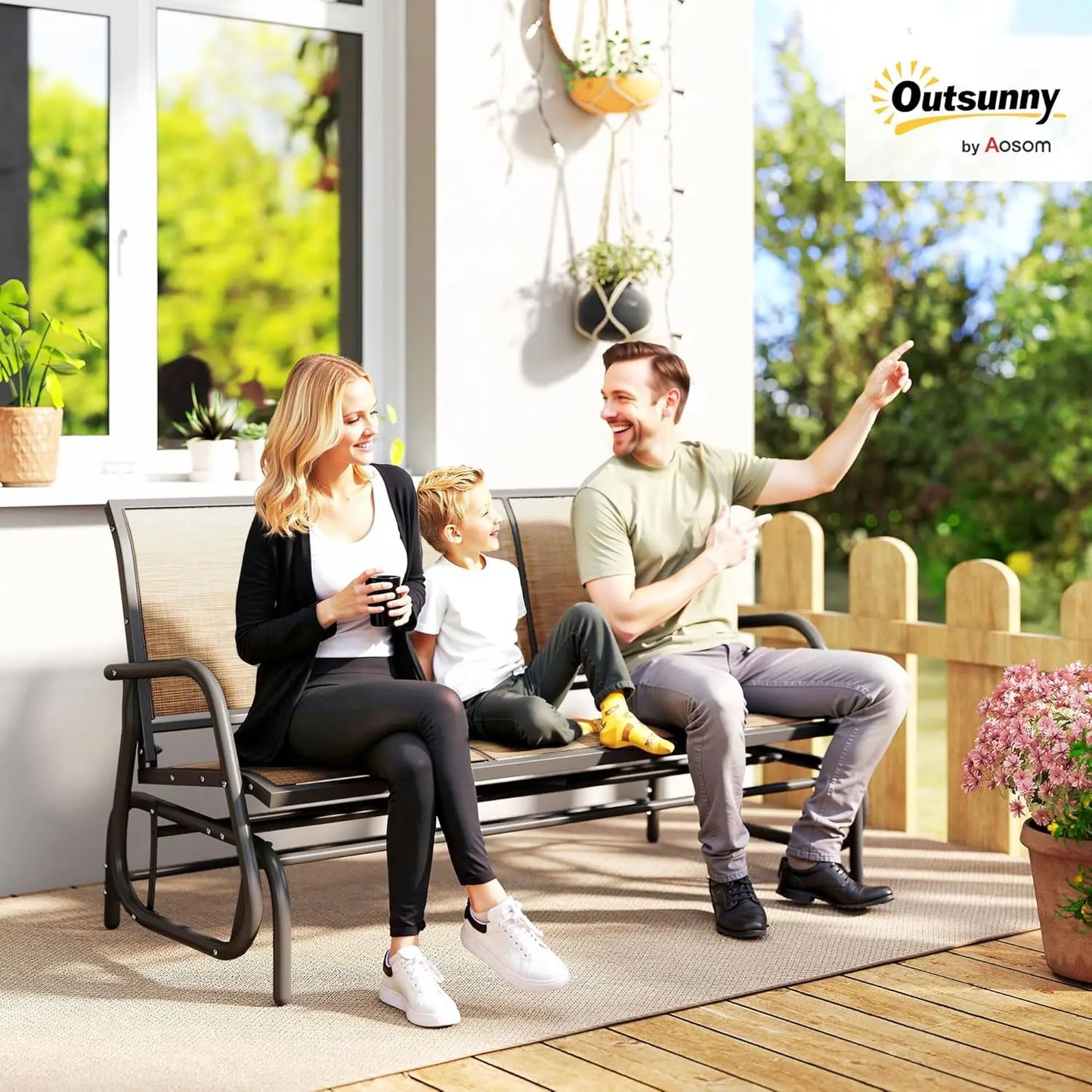 3-Seat Patio Glider Bench Outdoor Swing Breathable Mesh Metal Frame Light Brown Custom
