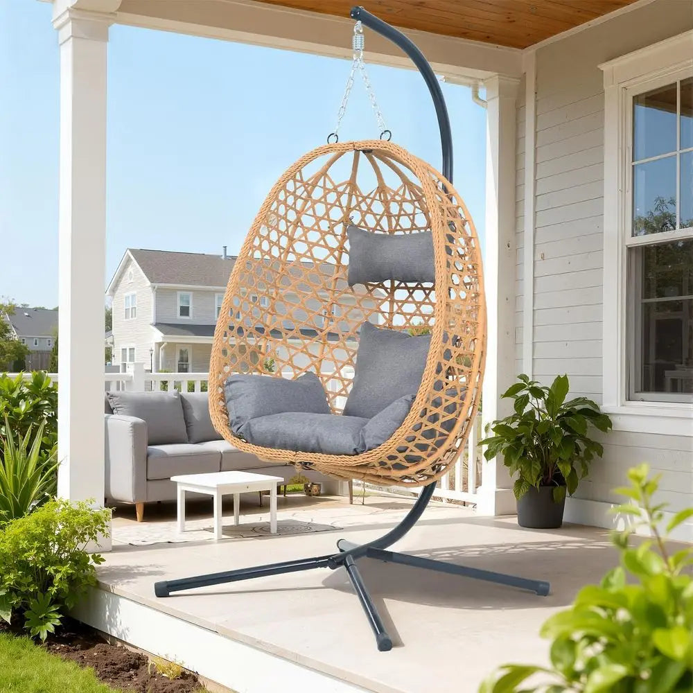 Hanging Egg Chair with Stand,All-Weather Rattan,330LBS ,Grey | Swing Chair with stand & thick cushions,330lb acity,rust-proo e,w