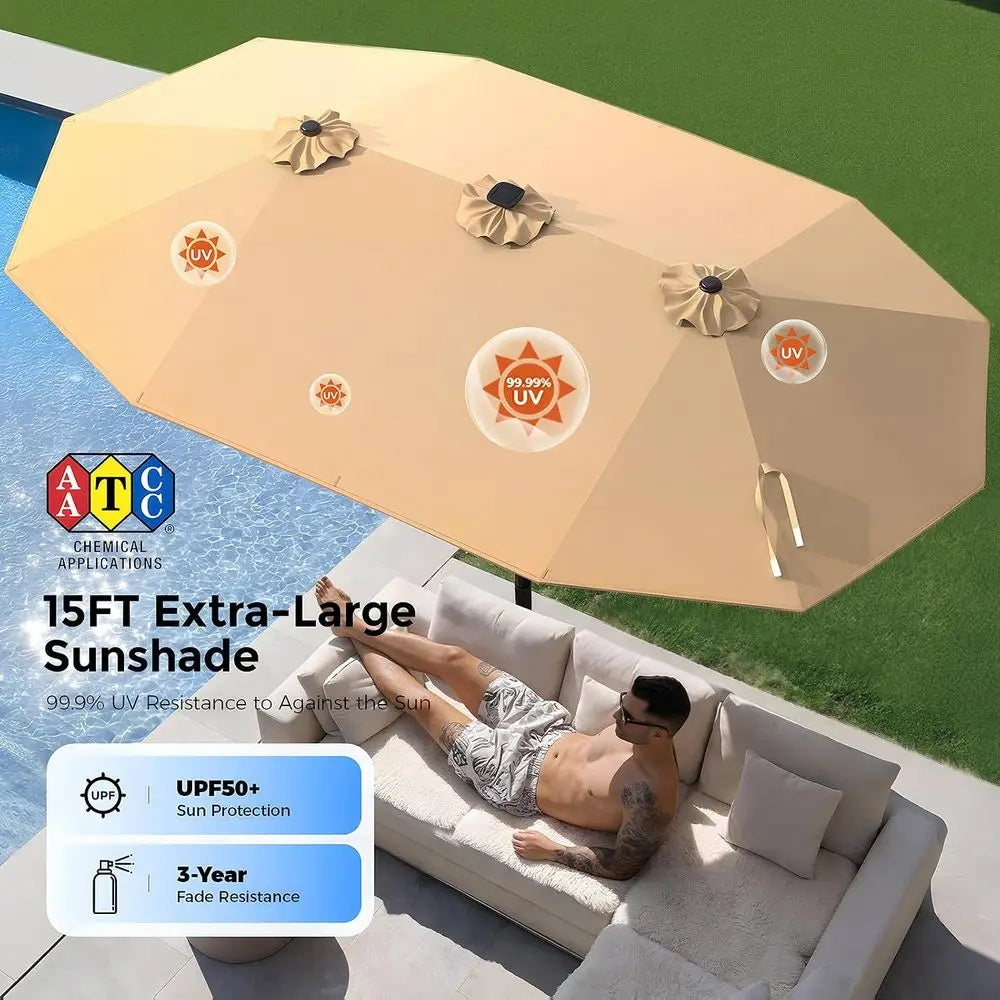15T Double Sided Patio Umbrella with 12 r LED Light Bars & Base Included, Extra Large RecOutdoor Market Umbrella or 8-12 People