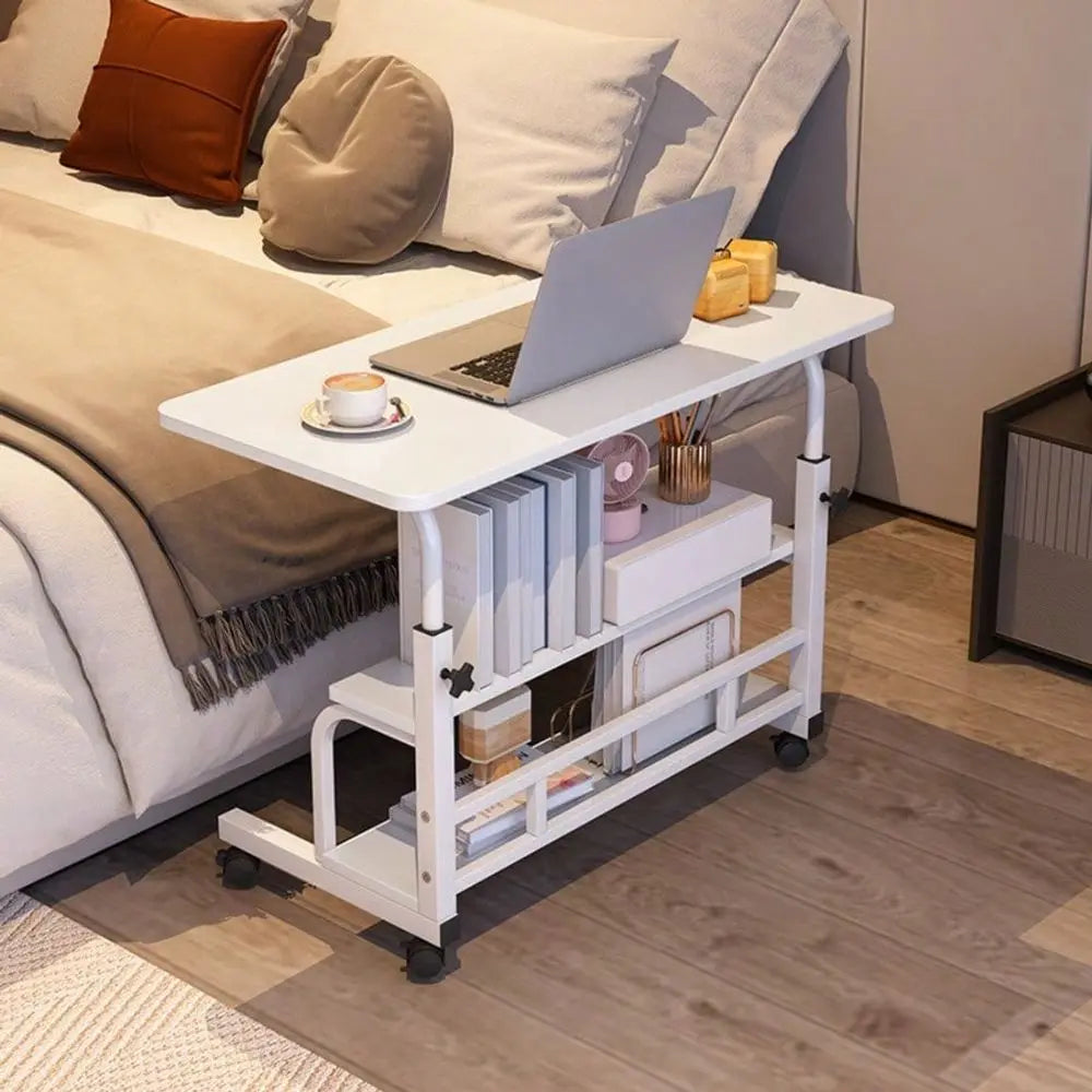 Doublelayer Metal Foldable Desk With Wheels Storage Rack Adjustable Height And Spacious Tabletop Versatile For Studying Working