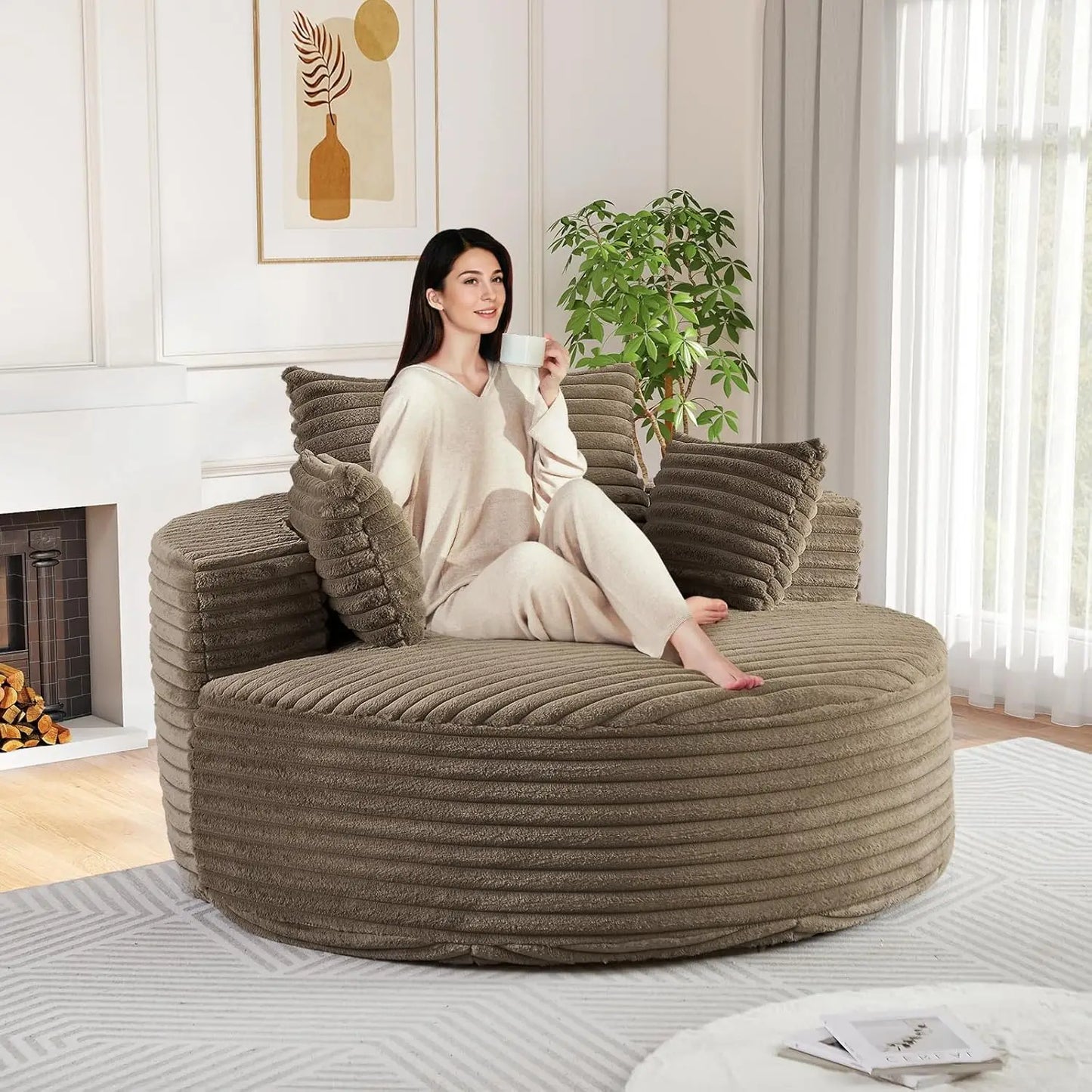 Oversized Round Chaise Longue Chair Indoor, Modern 55-inch Upholstered Corduroy Deep Seat Circle Single Cloud Lounge, Custom