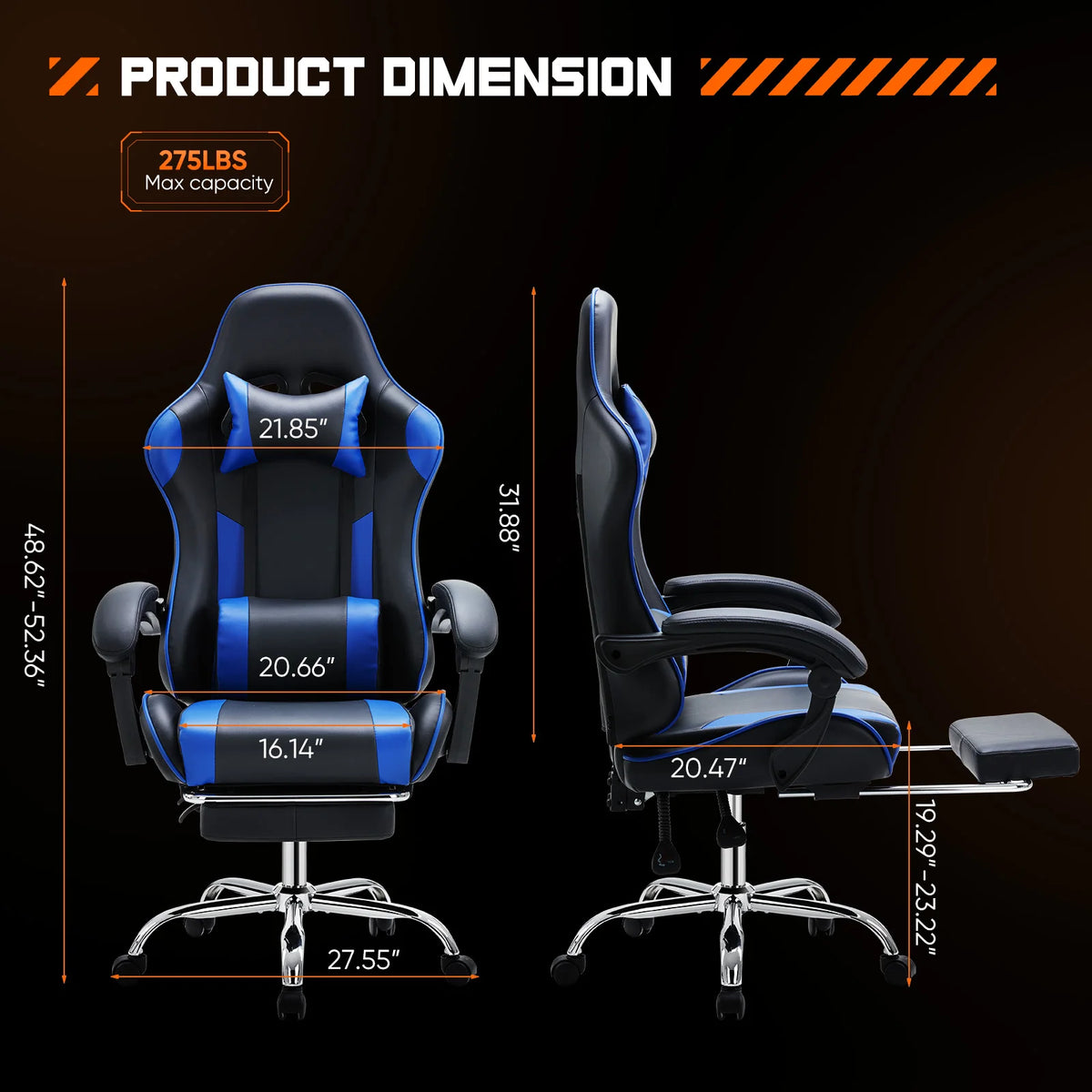 JHK Gaming Chair Adjustable Swivel With Headrest And Lumbar Support