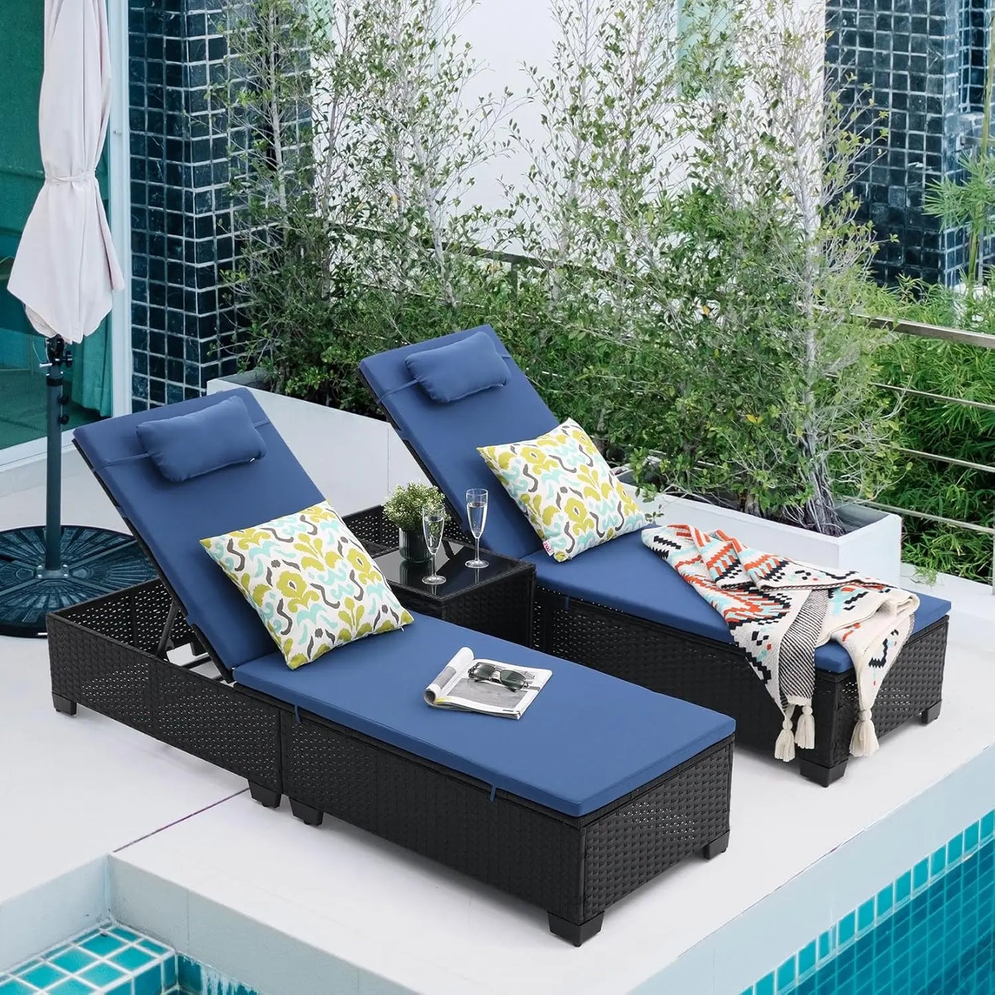 PE Wicker Adjustable Chaise Lounge Set of 3 with Table for Patio Pool Outdoor, Custom