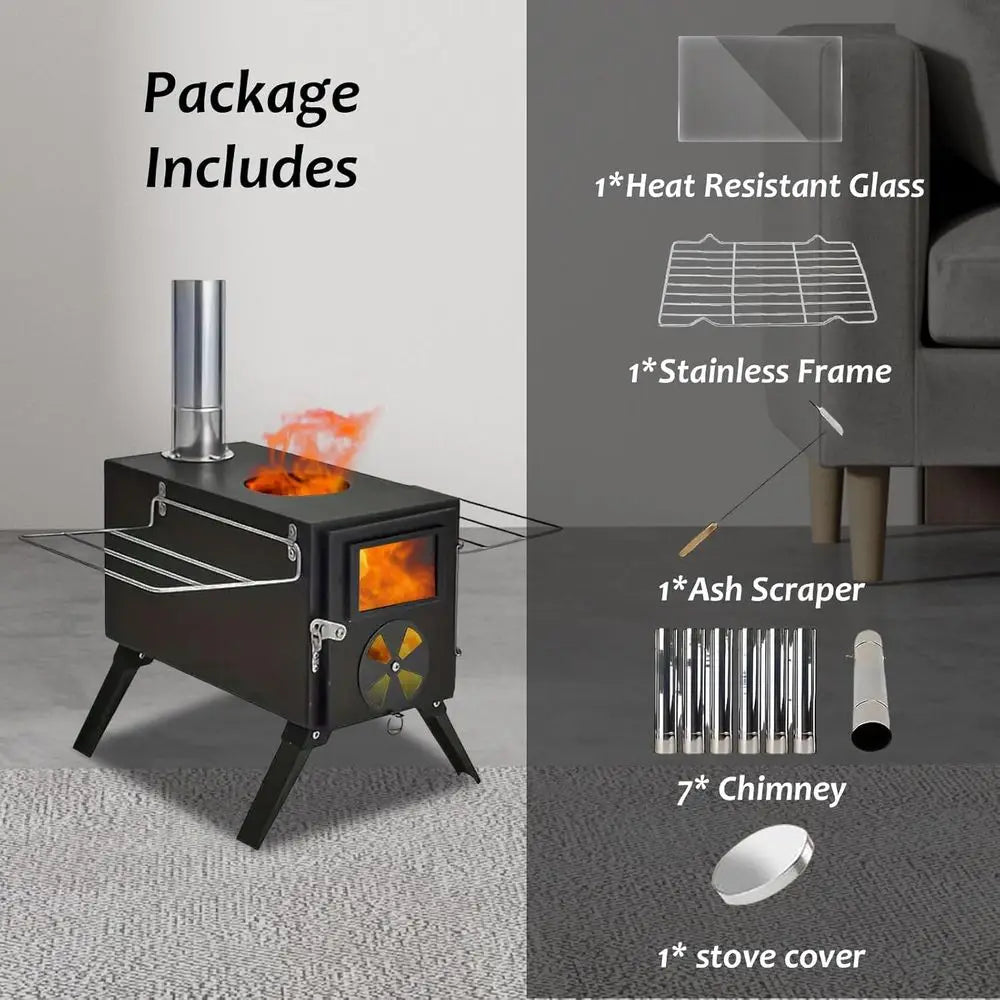 Hot Tent Stove, Portable Wood Burning Tent Stove Carbon Steel Camping Wood Stove with 7 Chimney Pipes or Tent, Camping, Ice-ishi