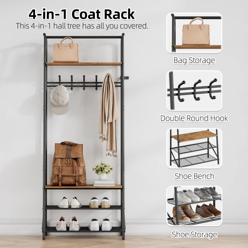 Coat Rack Hallway Tree With Shoe Storage Bench 4-In-1 Entryway Hallway Tree With Hooks Steel Frame Storage Shelf