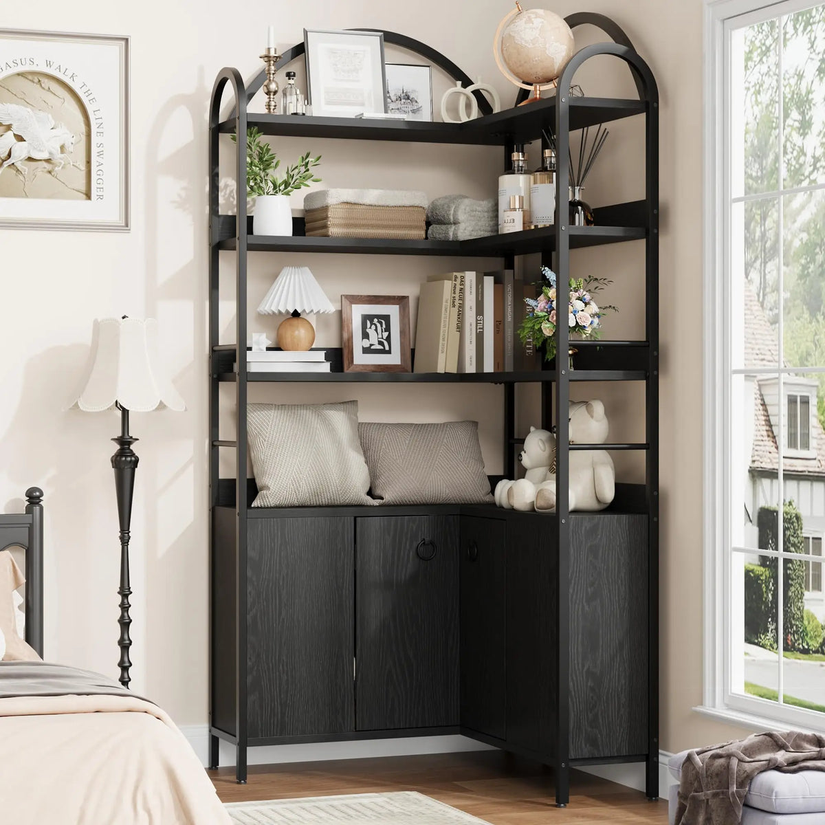 74" Tall 6-Tier Arched Corner Bookshelf - L-Shaped Corner Bookcase with Cabinet Doors - Rustic Metal & Wood Corner Storage Shelf Unit for Home Office/Living Room