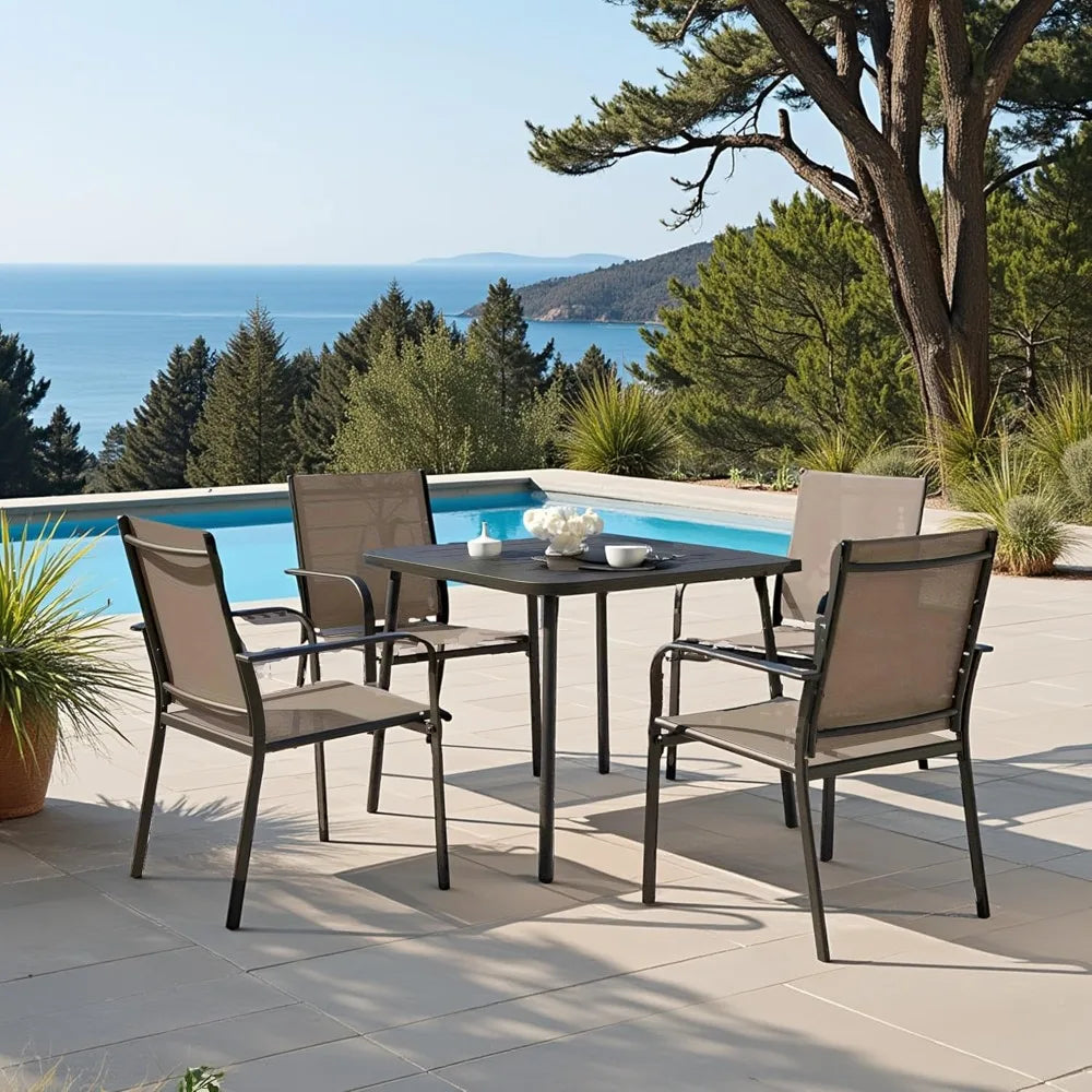 Outdoor Dining Set With Textilene Chairs And Square Metal Table
