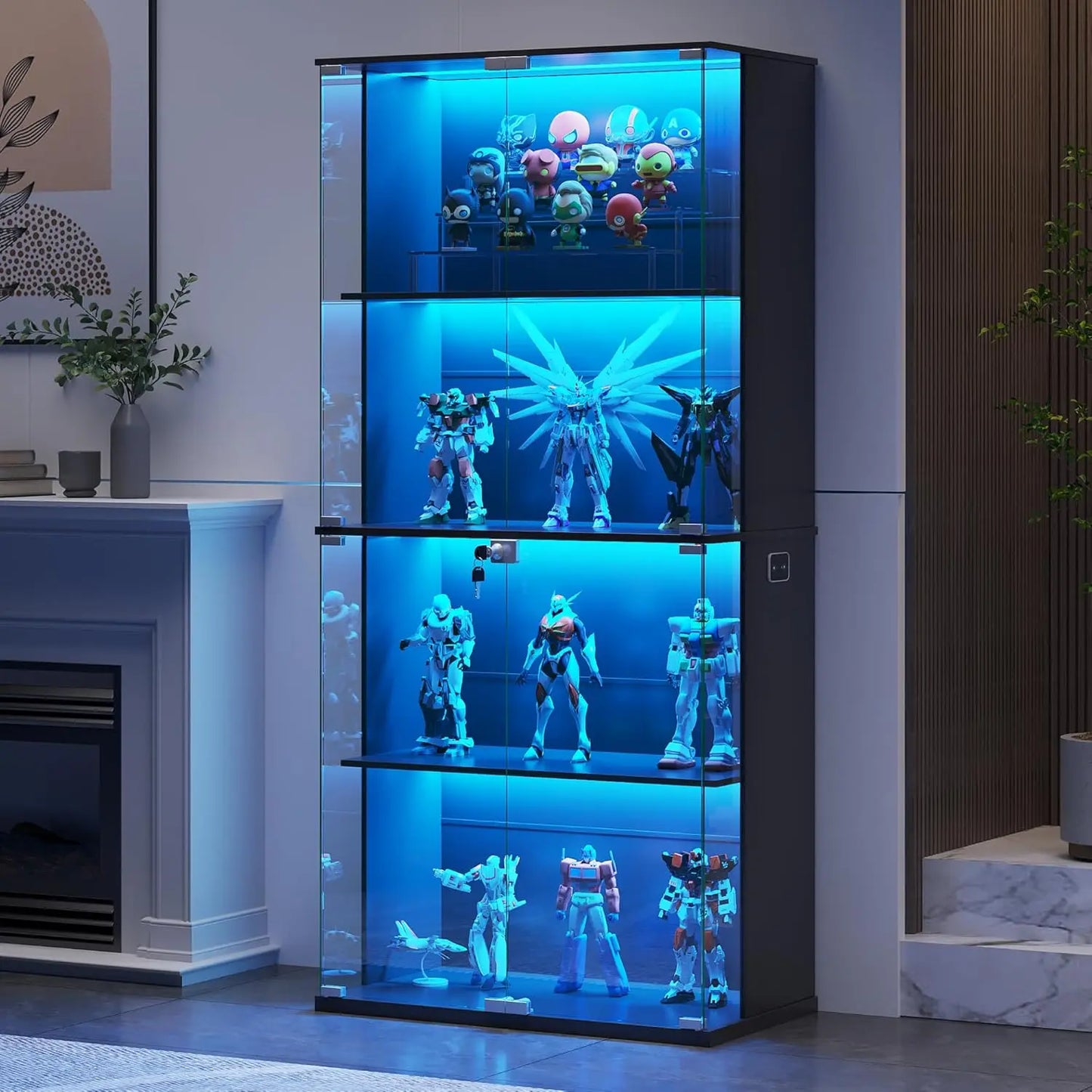 ZHILU Lockable Glass Door Display Cabinet 4 Tier Lighted Curio Cabinet