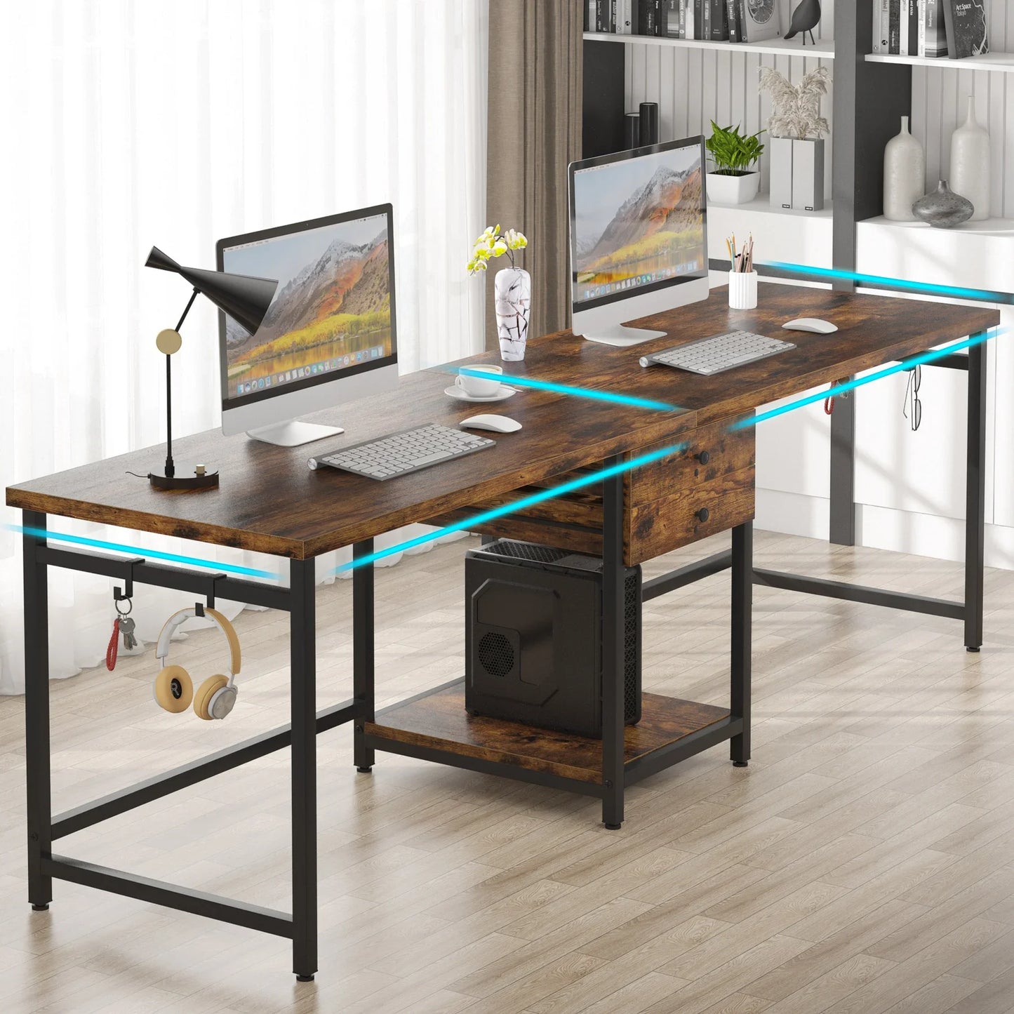 Tribesigns Wooden Double Computer Desk With Drawers And Gaming Shelves