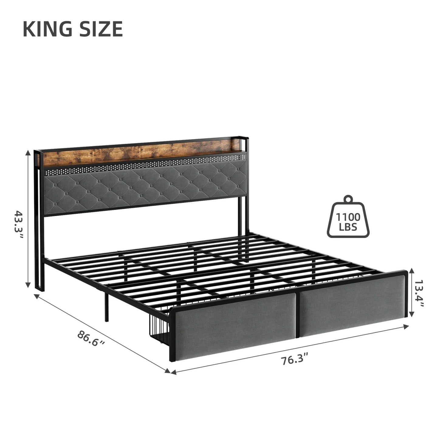 Bed Frame with Headboard,Modern Linen Upholstered Bed Frame with Strorage Drawers,Charging Station,Led Light, Metal Slat Support