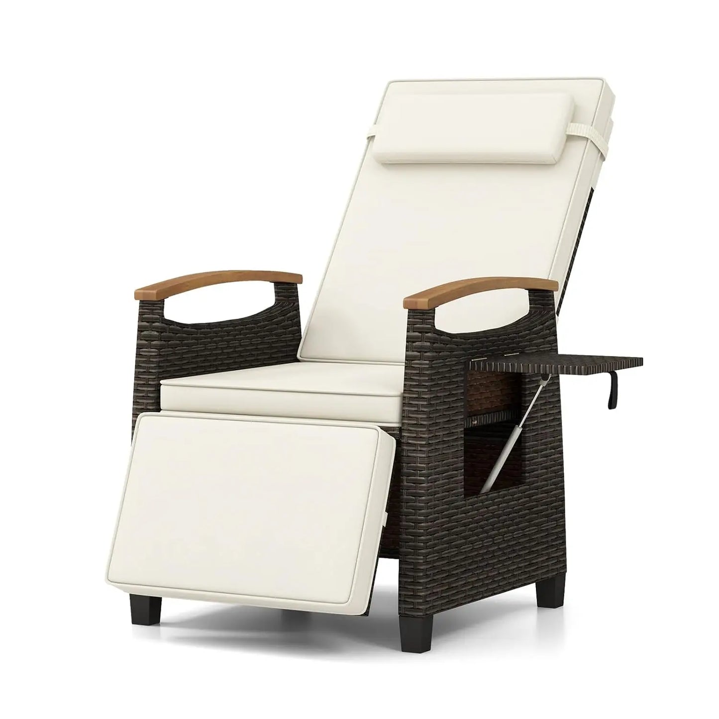 Patio Wicker Recliner Chair, Rattan Lounge Chair w/Adjustable Backrest & Footrest, Flip Side Table, Push Back, Custom