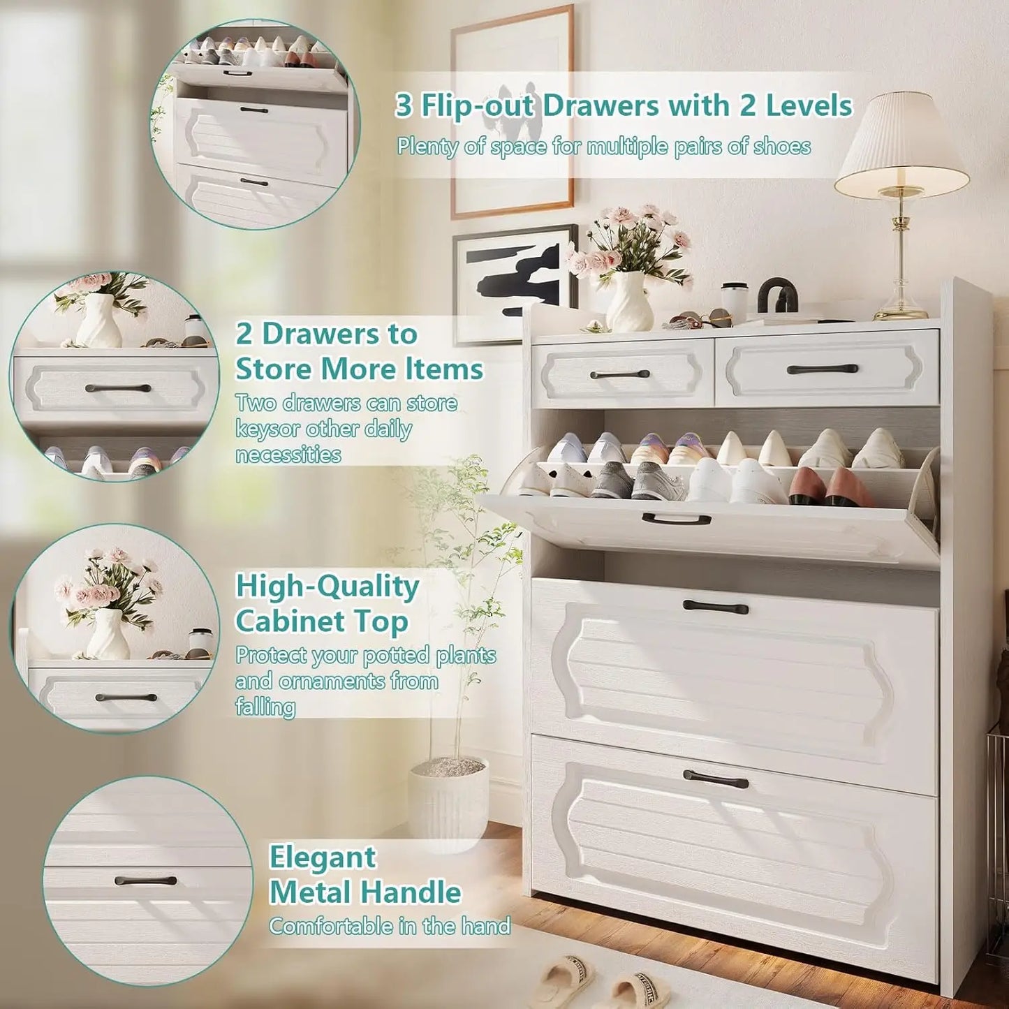 3-Drawer Flip-Top Slim Shoe Cabinet with 2 Storage Drawers Narrow Entryway Hallway Organizer, Custom