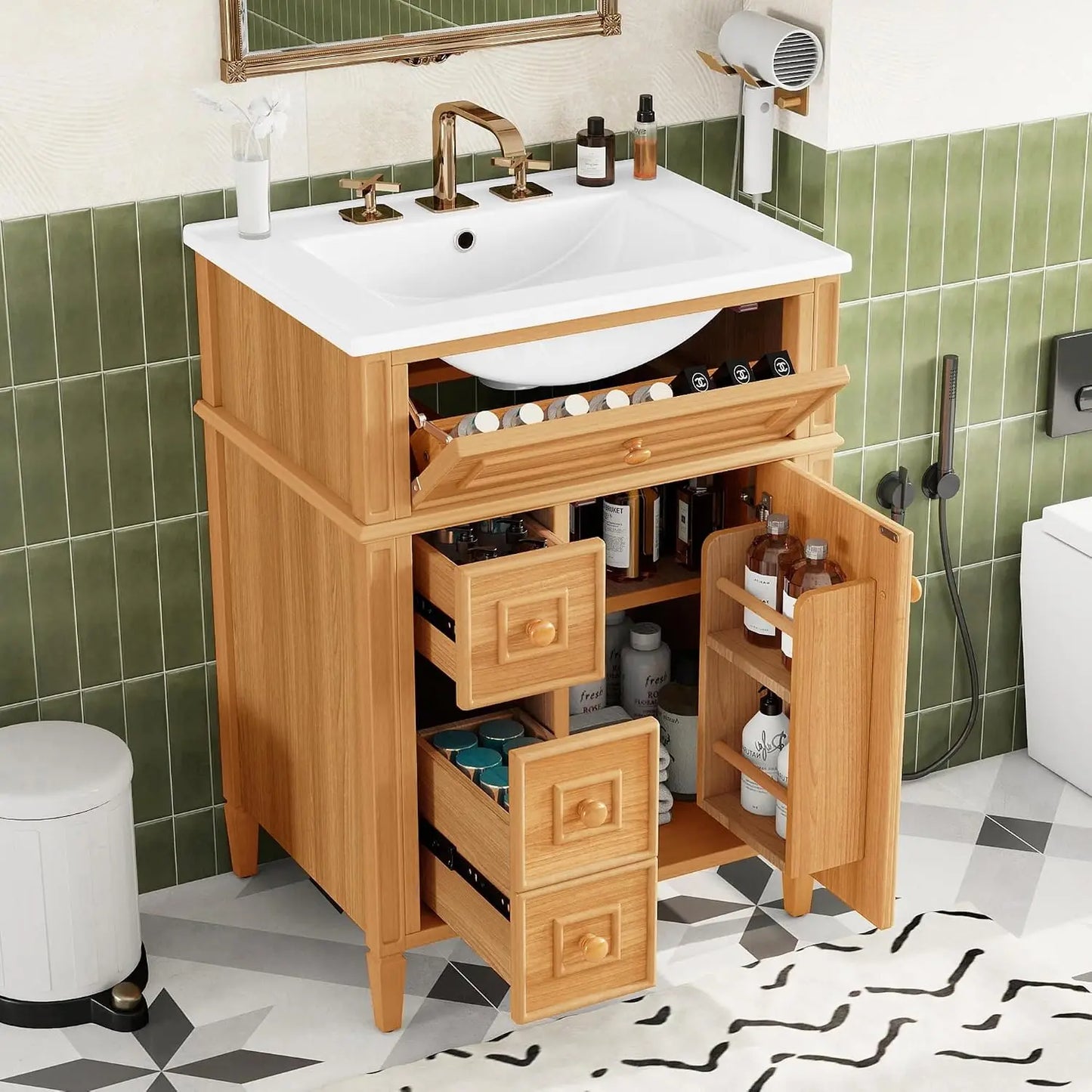 24" Bathroom Vanity with Sink Combo Set, Bathroom Cabinet with 3 Drawers and a Tip-Out Drawer, Adjustable Shelves, Soft, Custom