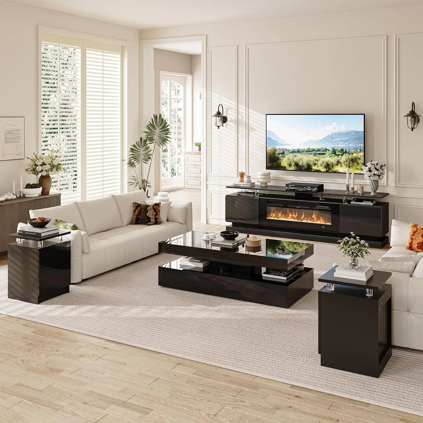 4-Piece Modern Living Room Table Set, Includes High Gloss 70" Fireplace TV Stand, 47" LED Coffee Table and 15" End, Custom